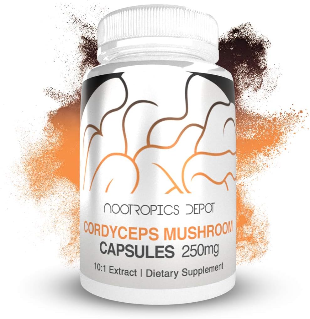 Nootropics Depot Cordyceps Mushroom Capsules |10:1 Whole Fruiting Body Extract | 250mg | 180 Count | Cordyceps militaris