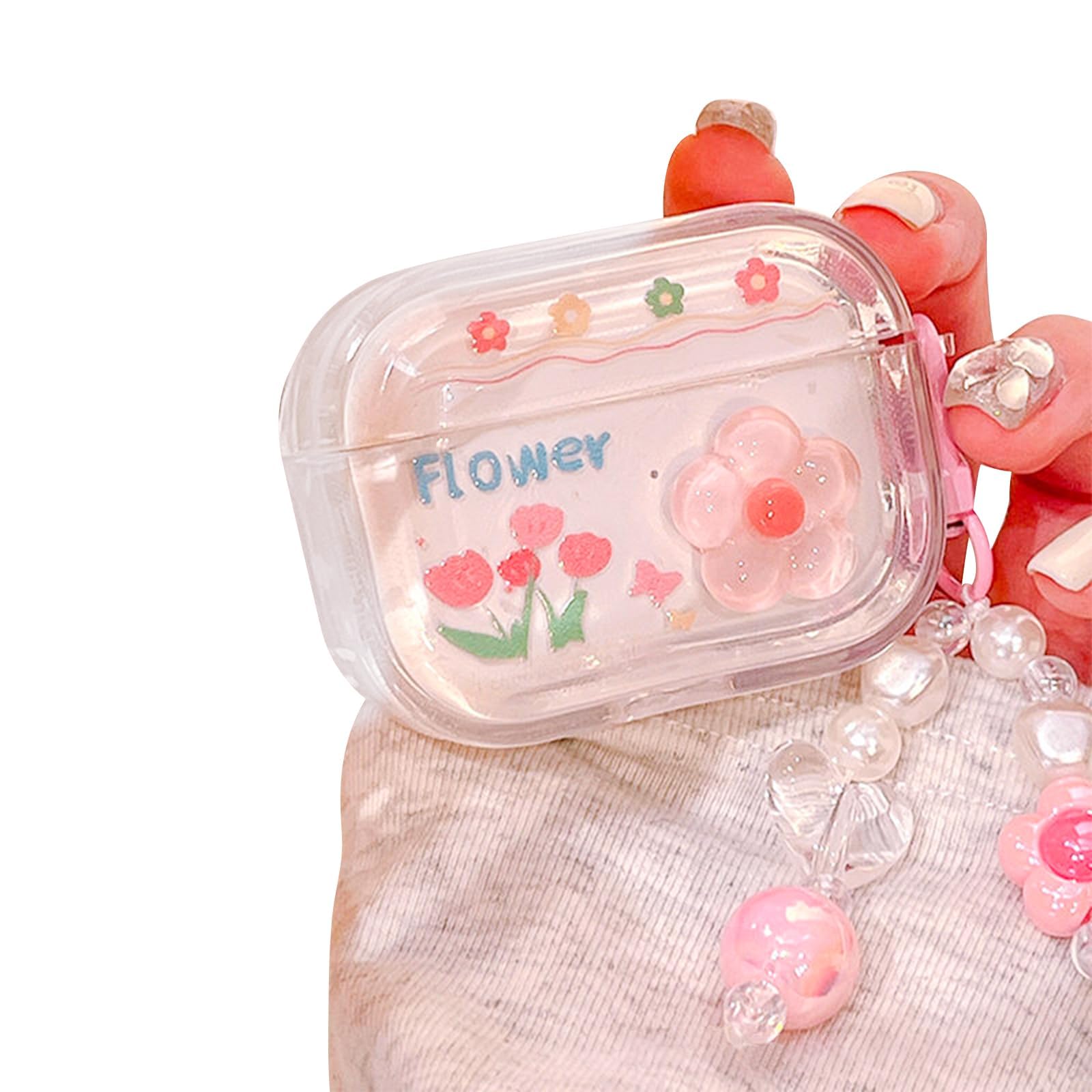 Azonee Case For AirPods Pro 2nd Generation, Cute 3D Flowers Clear Silicone Cover with Shockproof Protection and Heart Keychain, for Girls and Women