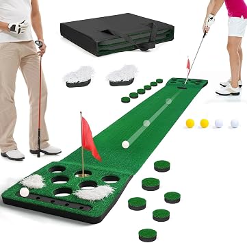 Golf Putting Game Set, Putting Green Mat with Detachable Bunkers | EVA Trapezoidal Ends, Anti-Slip Rubber Base, 1 Portable Carry Bag, 4 Balls, 2 Cups& Flags,Office Party Backyard