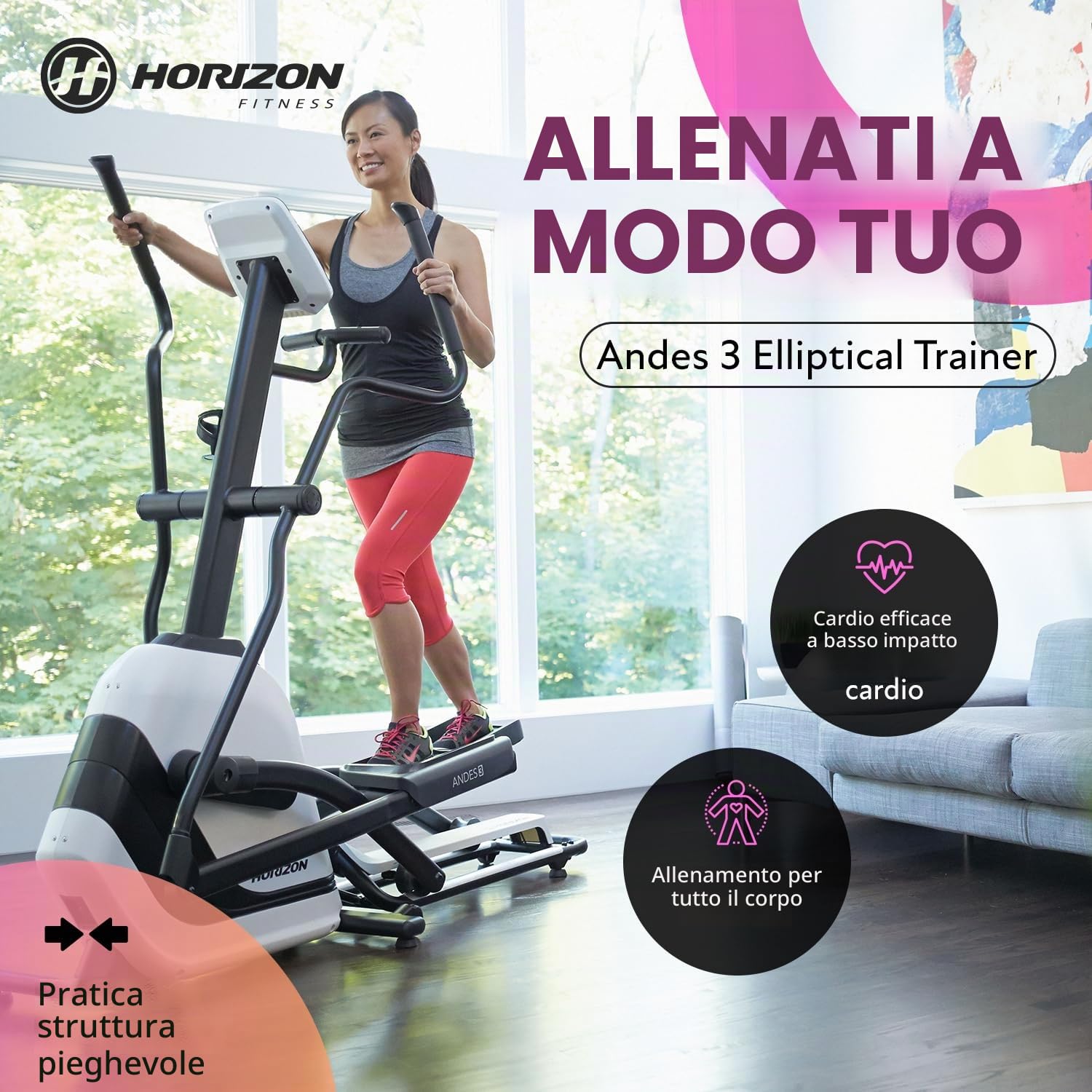 Horizon Fitness Elliptical Andes 3, Bianco/Nero, L x P x H in cm: 173 x 67 x 171 cm