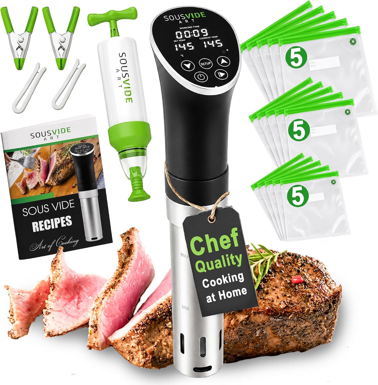 SOUSVIDE ART Sous Vide Cooker Kit - 1000W Immersion Circulator - 15 Vacuum Bags, Pump, Digital Timer and Temperature Control; Complete Sous Vide Machine Cooking Kit for Home Chefs and Beginners