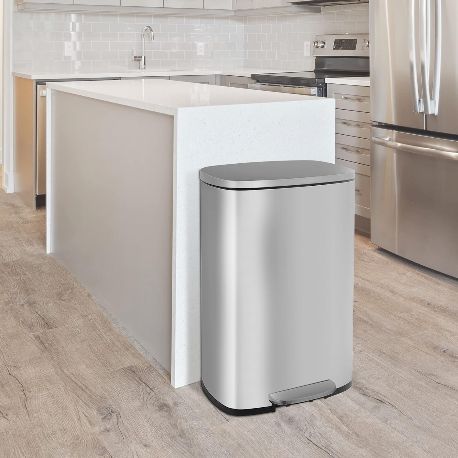 13 Gallon Trash Can, Fingerprint Proof Stainless Steel Kitchen Garbage Can with Hinged Lids & Removable Inner Bucket and Durable Pedal, Pedal Rubbish Bin for Home Office Indoor Outdoor, Silver