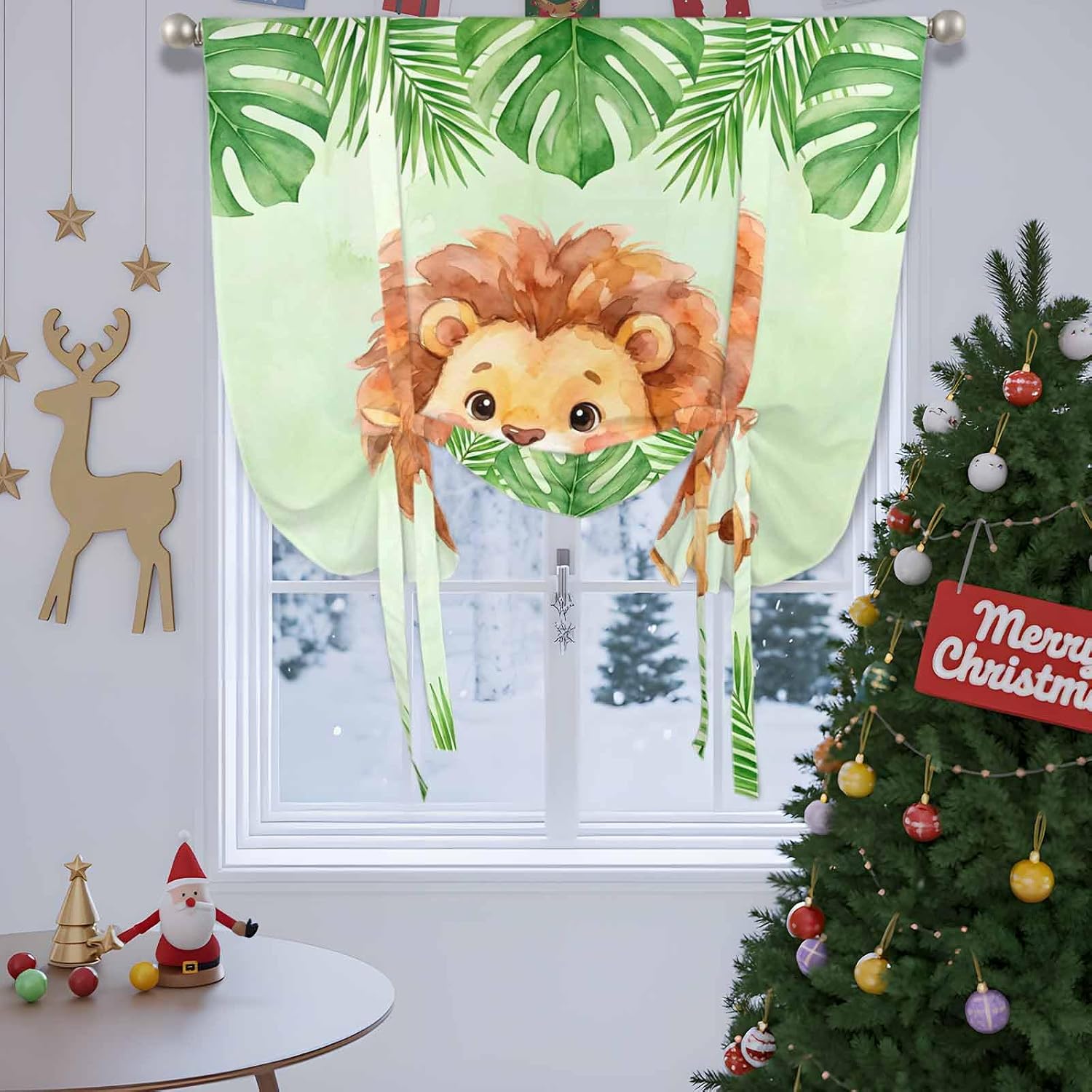 Cartoon Lion Tie Up Curtains for Windows 63 Inch Length Balloon Curtains Kitchen Adjustable Balloon Window Shade Summer Tropical Palm Green Plants Tie Up Valance Bathroom Curtain Window 52"x63"