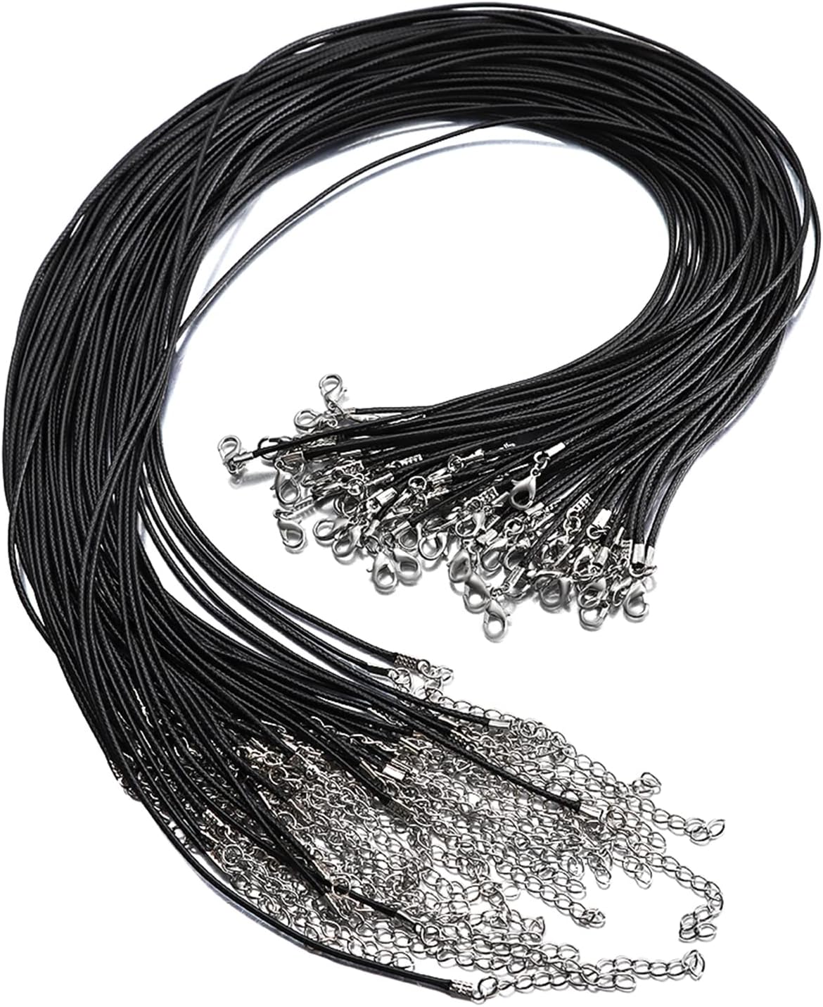 100 Pcs 20" 1.5mm Black Waxed Cord Necklace String Bracelet Faux Leather Chain Clasp Bulk for Jewelry Making Supplies Accessories