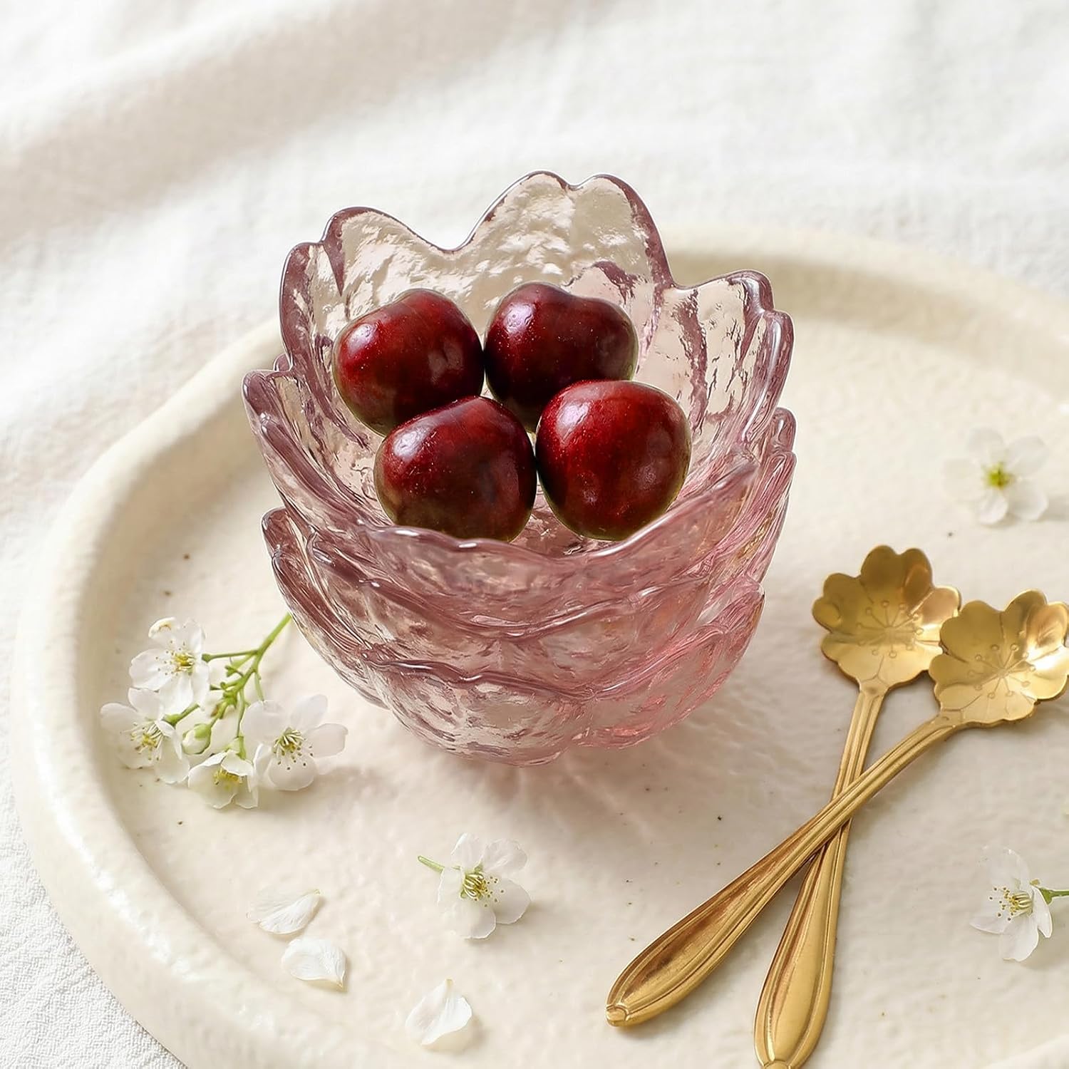 24 PCS Flower Bowl Set Pink Glass Plates with Gold Rim, Soy Sauce Dish 3.15x1.57 Inch 6.2oz, Cherry Blossom Decor Mini Dipping Bowls for Charcuterie Board, Appetizer, Dessert, Party