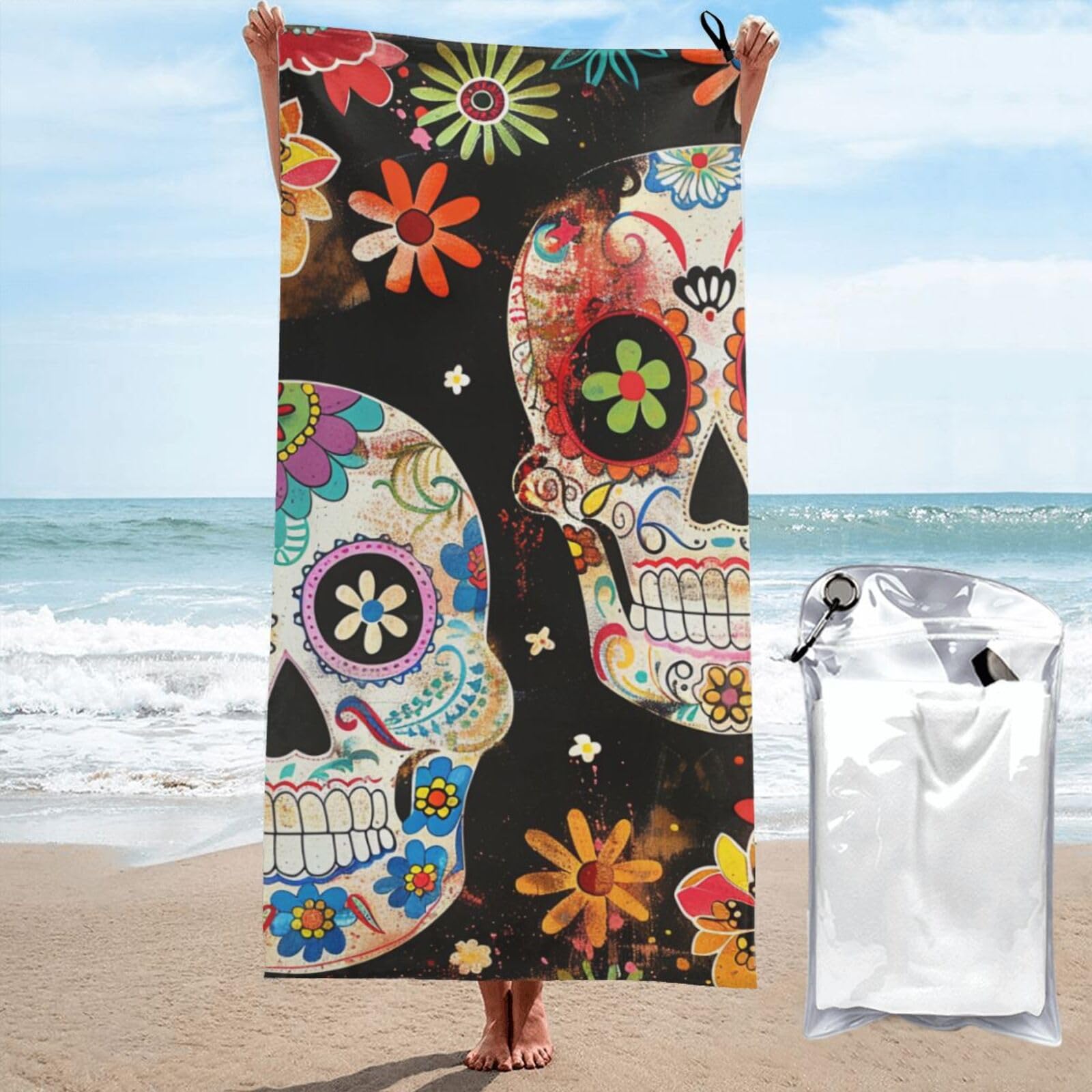 kkvhhyuo Microfiber Beach Towel, Sugar Skulls Printed Lightweight Quick Dry Travel Bath Sheet with Compact Carry Bag for Swimming Yoga Camping Gym,27.5"x55"
