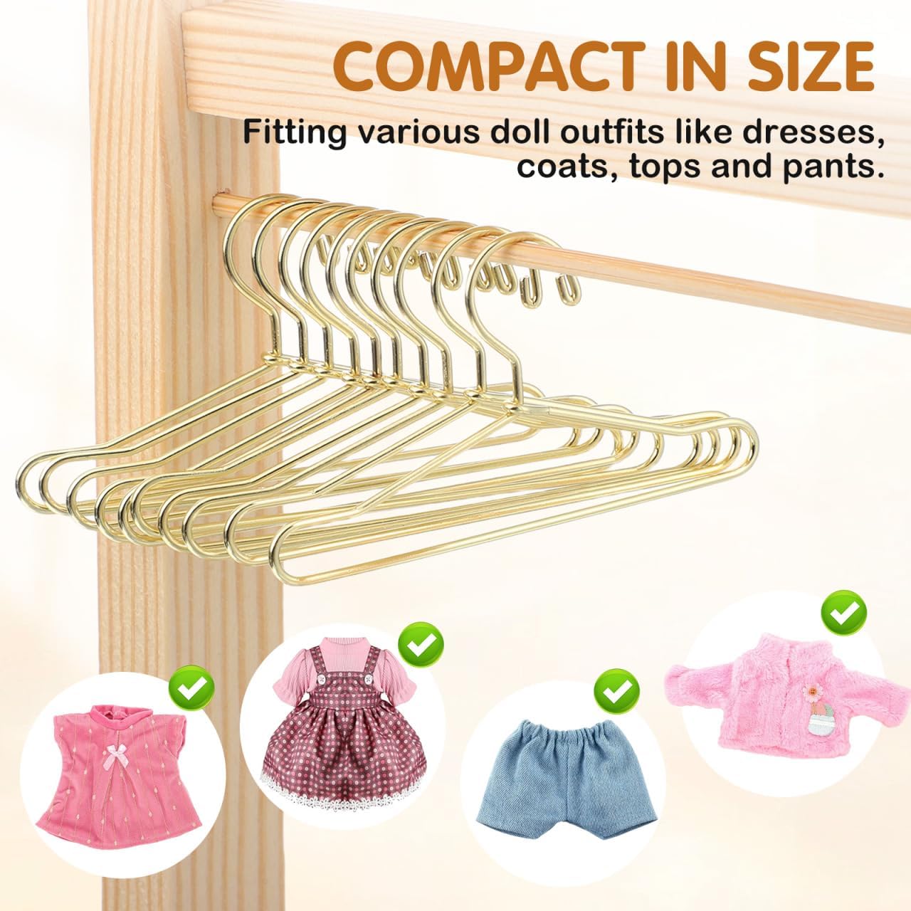 Toddmomy Mini Doll Clothes Hangers: Golden Metal 10Pcs 6.5cm for Miniature Organizing & Displaying Doll Clothes in Dollhouse Wardrobes & Kids Accessories