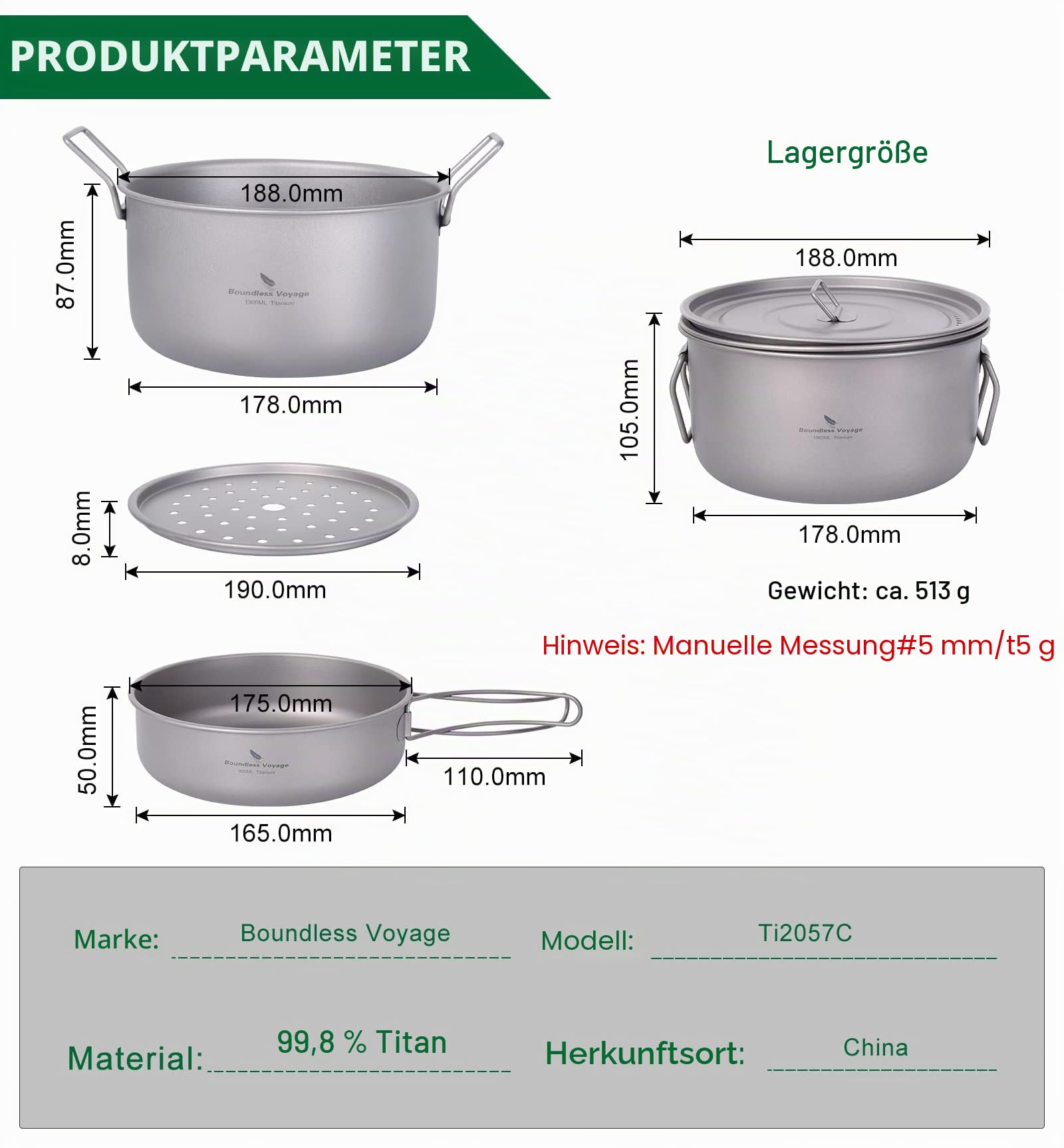 iBasingo 1.9L Titan Topf & 900ml Pfannen mit Deckel Camping Kochgeschirr Dampfgarer Leichtes Tragbar Kochtopf Set Outdoor Indoor Kocher mit klappbarem Griff Ti2057C