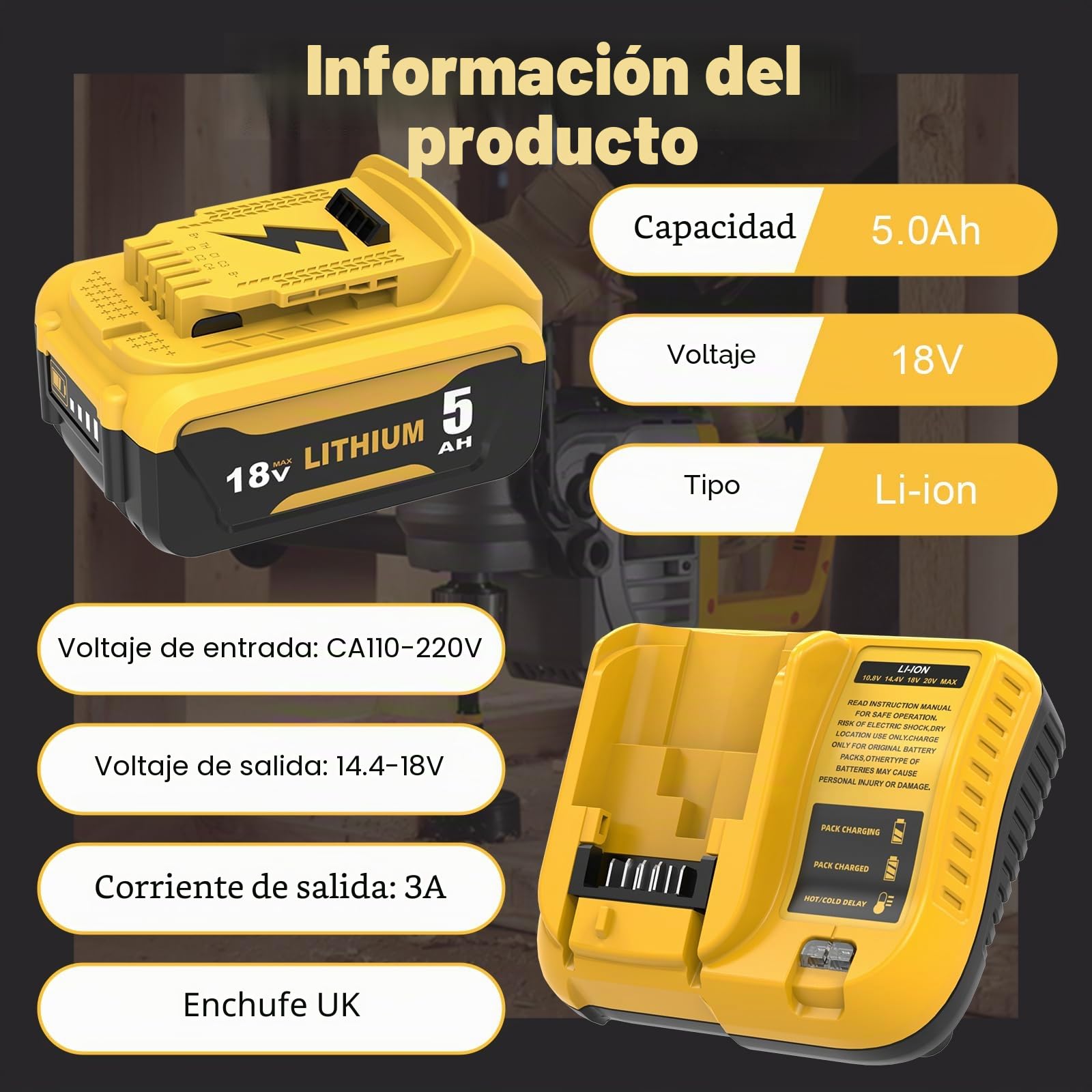 2 x DCB184 5.0Ah de Repuesto para DeWalt 18V para DeWalt batería 18V DCB182 DCB180 DCB184 DCB200 DCB182 DCB181 DCB201 + para Dewalt Cargador 18V 3A batería de Herramientas Goodexo