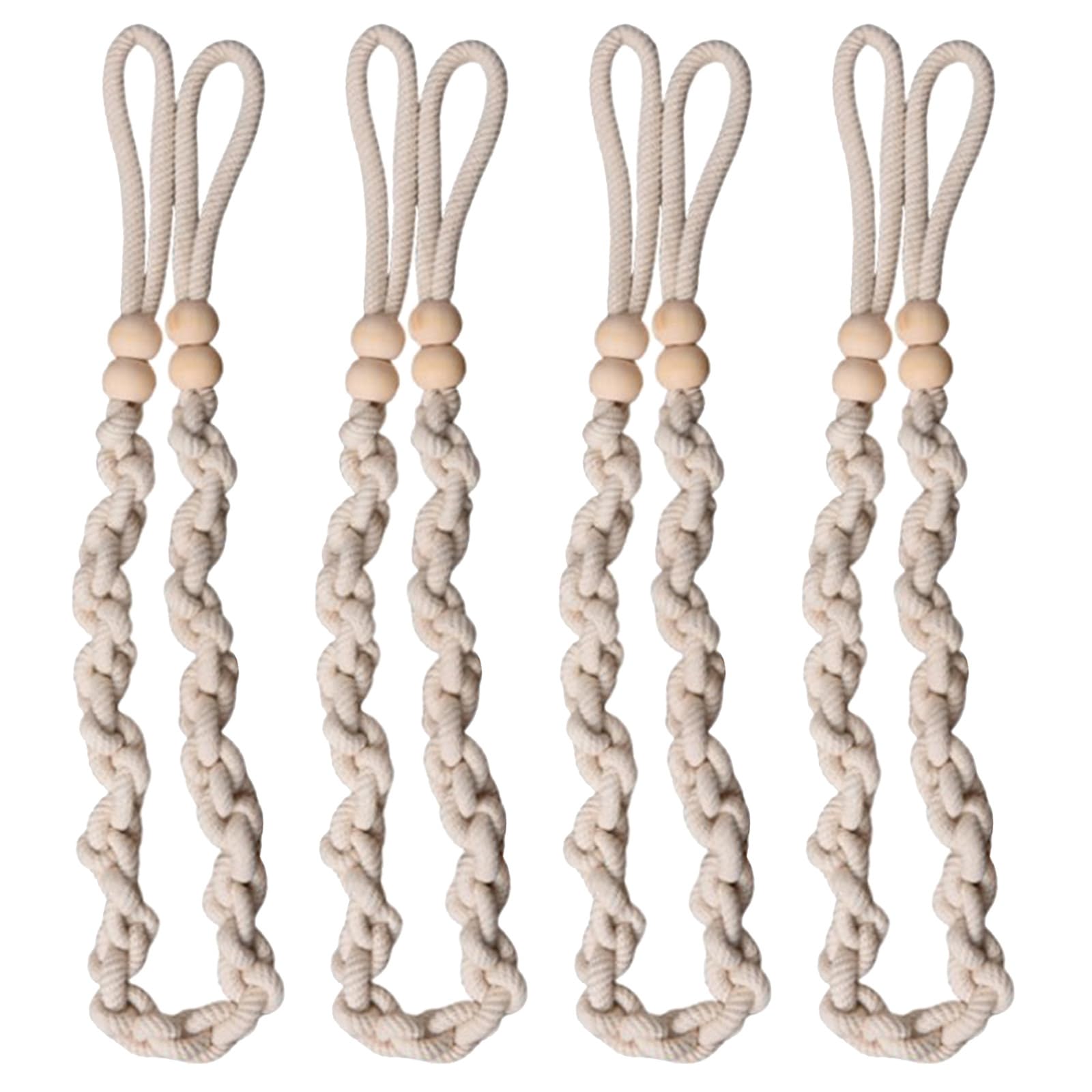 Nucelit Braided Woven Rope Drapery Tiebacks 4 Pack Window Curtain Accessories Holdbacks Ties with Wood Beads Braided Rope Curtain Holdback Ties