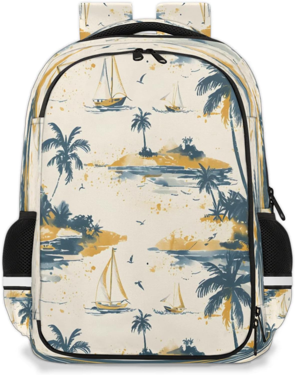 QsirBC Hand Painted Ocean Sailboat Coconut Tree Multi Compartment Backpack with Reflective Strips Adjustable Padded Straps Large Capacity Waterproof Duffel Bag for Men Women Work and Daily Use