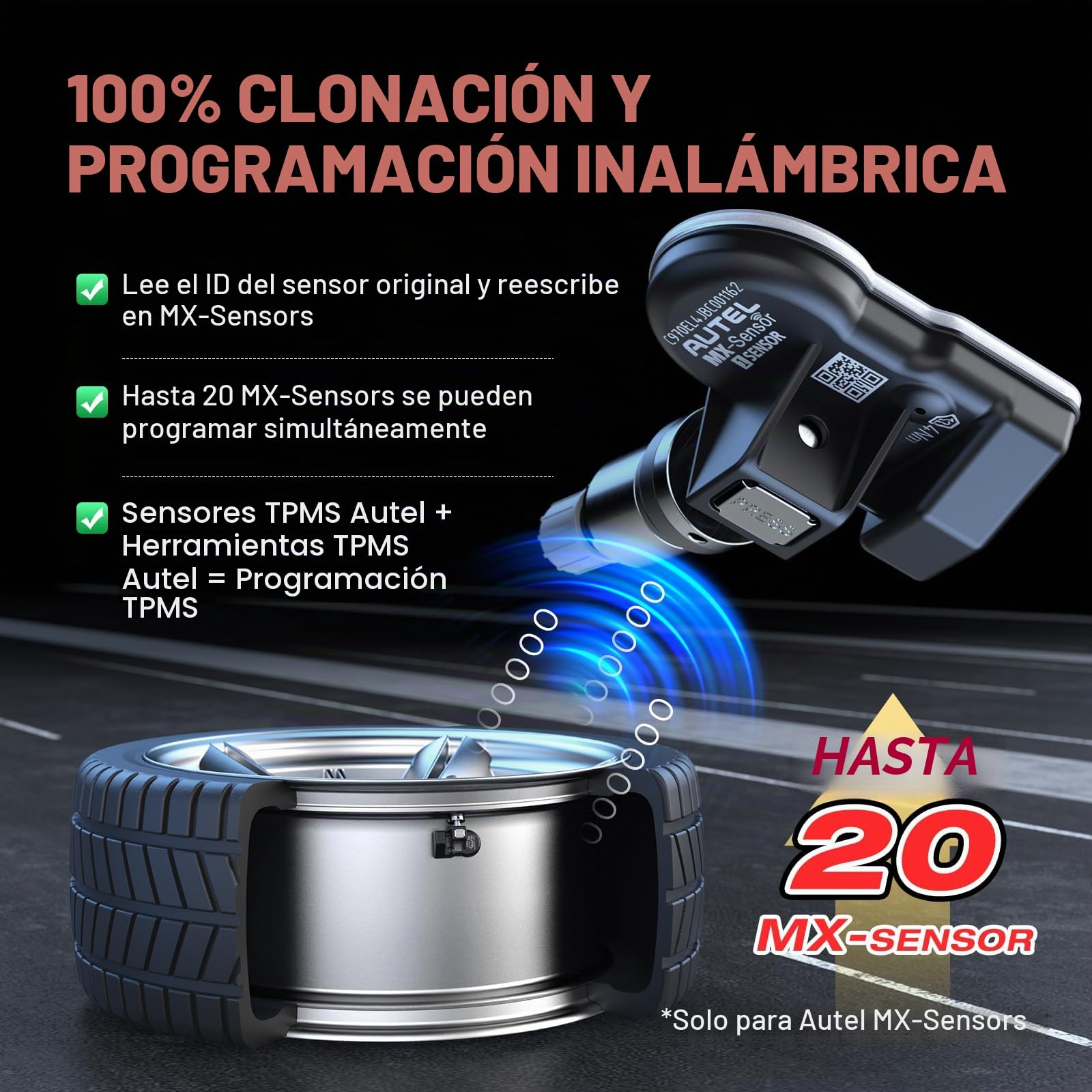 Autel MX-Sensor Doble Frecuencia, Sensores TPMS de Nivel OE para 98% Autos, Funciona con TS408S TS501Pro TS508WF TS601 TPMS Herramienta, Sensor de Neumáticos 100% Programable (Válvula de Metal, 4PCS)