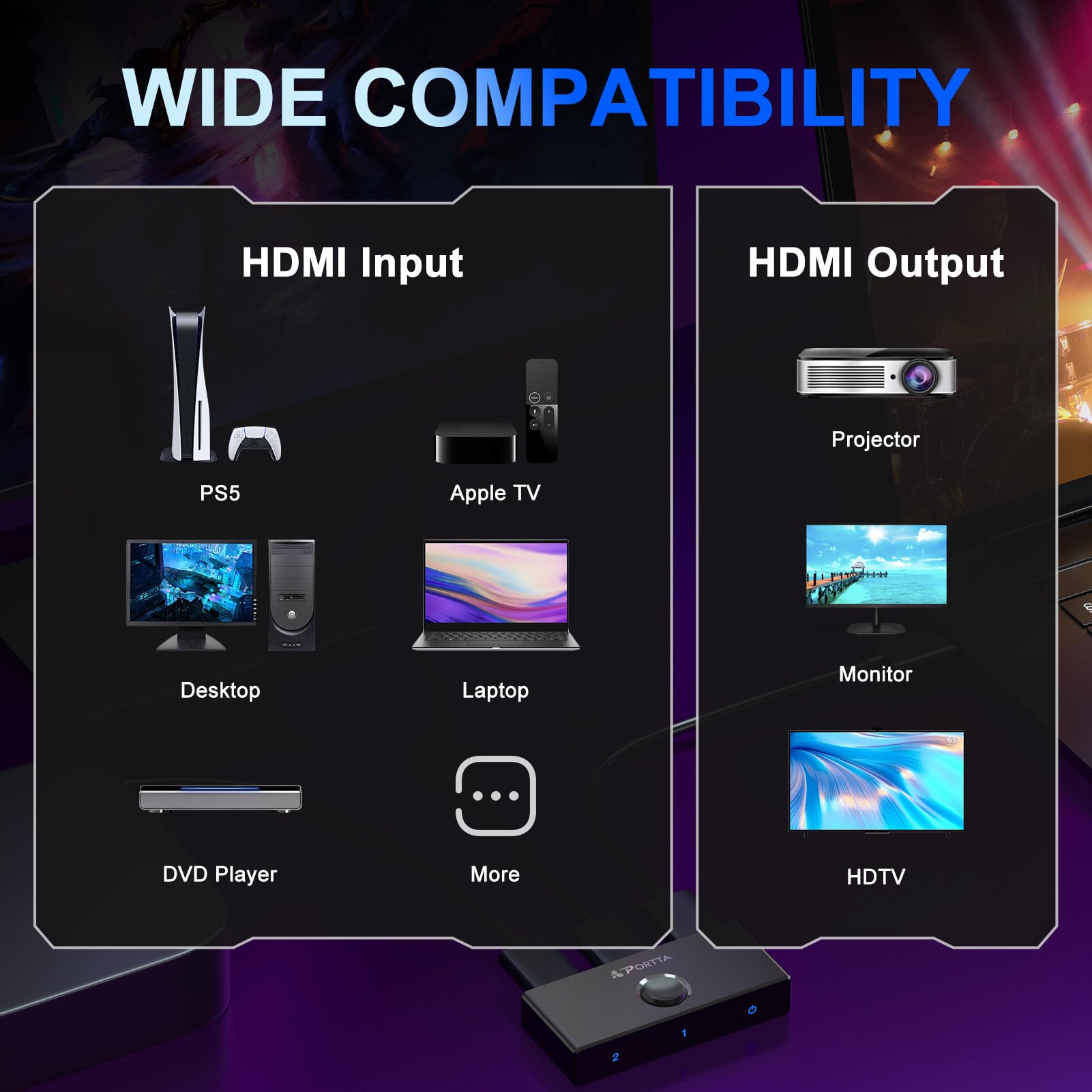 Portta Switch HDMI 4K 60Hz Biidirezionale Slitter 1 in 2 OUT Switcher 2 in 1 Out Hub HDR HDCP2.3 3D
