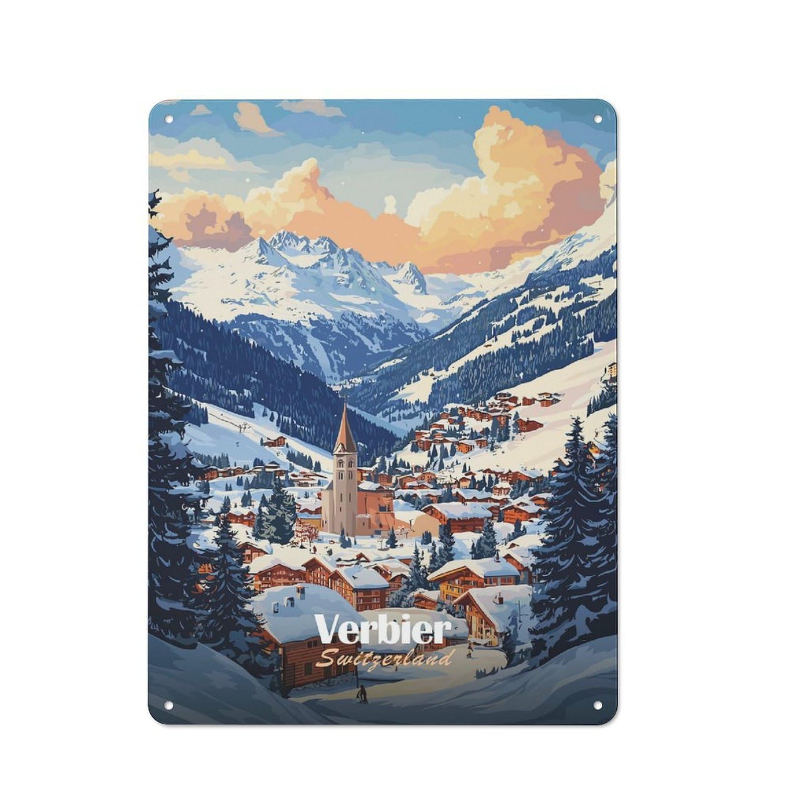 Junmoney Style-21 Verbier Switzerland Winter Landscape Vintage Metal Sign 40X30cm, Shop Front Style Cafe Wall Decor For Takeaway, Bar, Kitchen Or Counter Area