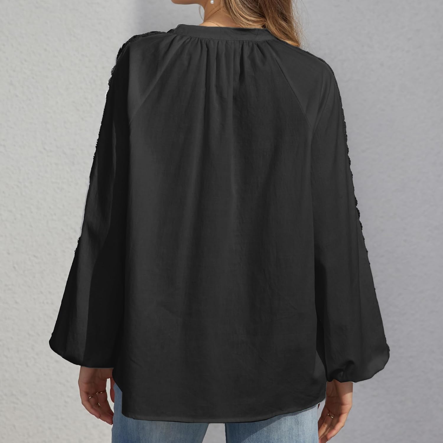 Women's Lantern Sleeve Button Up Lace Trim Shirt Blouse Casual Holiday Cotton Rayon Tunic Top
