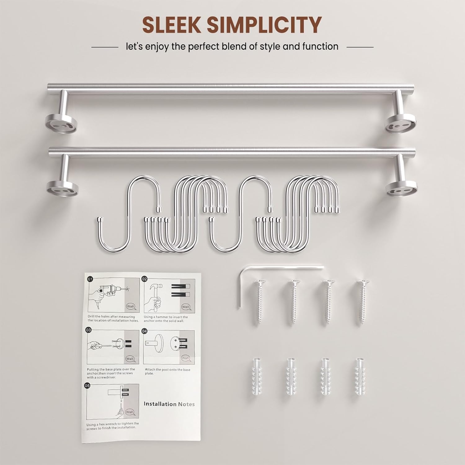 2 Pieces Brushed Nickel Towel Racks for Bathroom, with 10 PCS Hooks, 24'' SUS304 Stainless Steel Towel Bar for Bathroom Wall Mounted, Double Towel Racks for Bath,Kitchen, Laundry Room