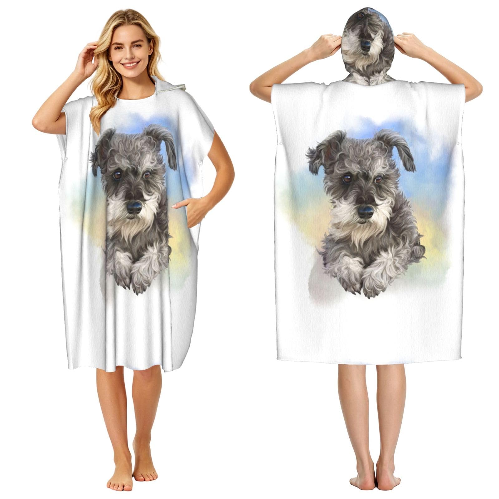 Poadnly Cute Mini Schnauzer Print, Adult Hooded Beach Towel 90 x 110 cm,Changing Bath Robe, Surf Poncho Towel For Women Men