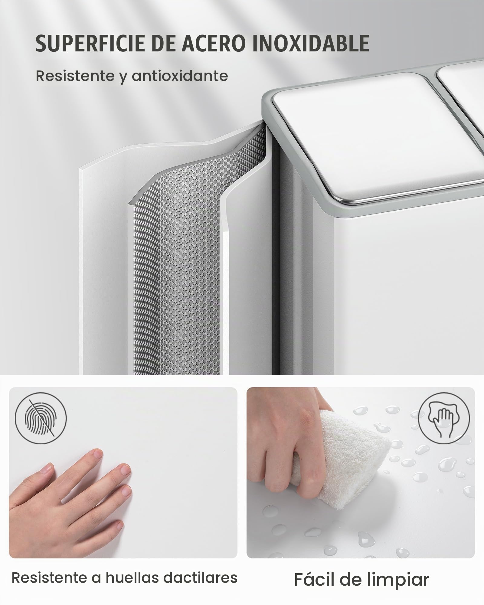 Hzuaneri Cubo de Basura para Reciclaje, Cubos de Reciclaje Cocina con Pedal 3 x 15 L, Contenedor de Acero Inoxidable con Cubos Extraíbles y 1 Rollo de Bolsas de Basura, Blanco SW04599W