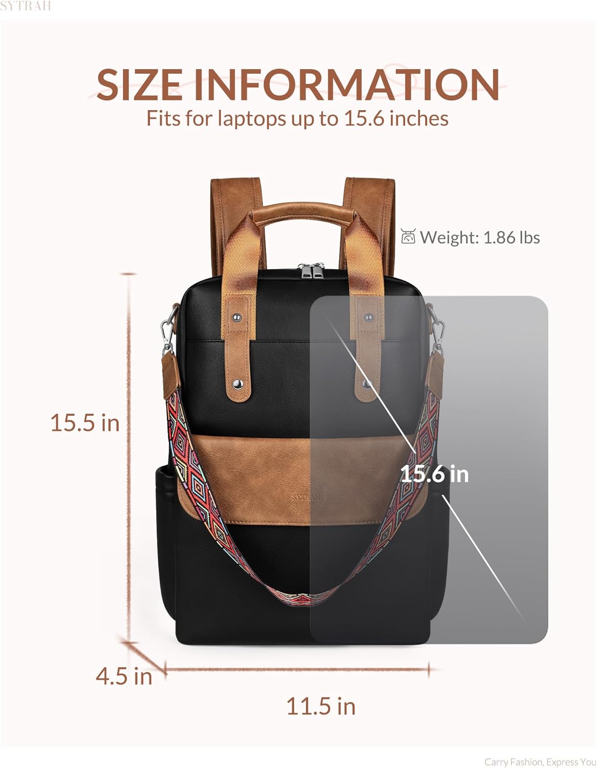 Leather Laptop Backpack 15.6 Inch Womens Laptop Bag, 3 IN 1 Computer Bag Handbag with Colorful Shoulder Bag Strap for Work Travel College Black Brown - Image 6