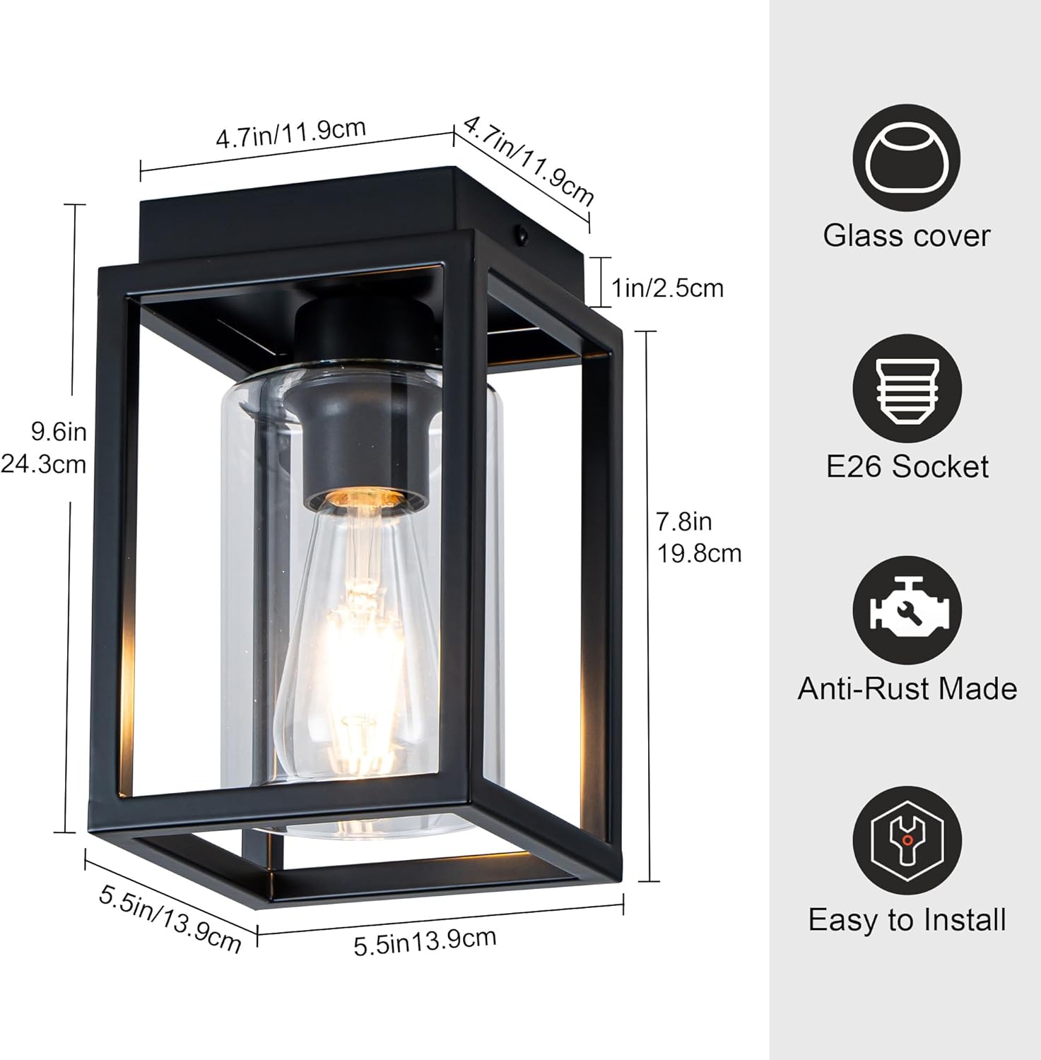 Mayful Flush Mount Ceiling Light Fixture with Clear Glass Shade, Farmhouse Black Metal Frame Light Fixture for Kitchen Island Entryway Porch Foyer Dining Room, E26 Ceramic Base