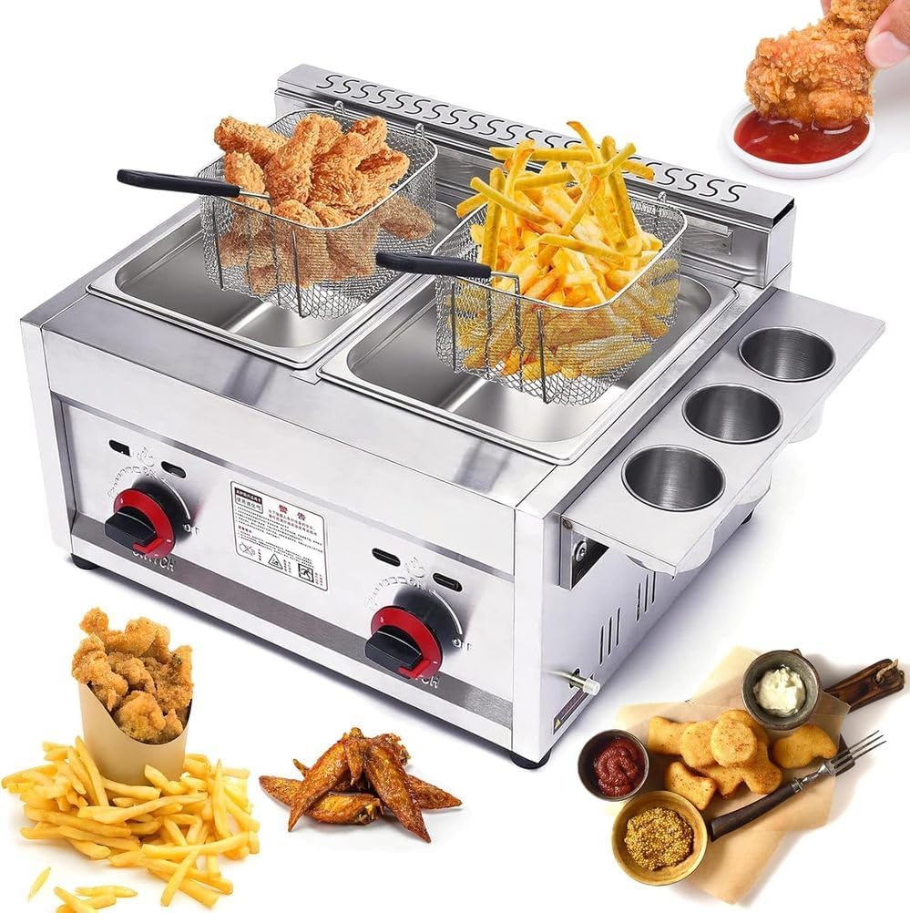 Commercial Stainless Steel Gas Fryer - Heavy-Duty Deep Fryer for French Fries, Fish, Chicken & More with Removable Basket & Lid for Snack Bar, Restaurant & Home Use