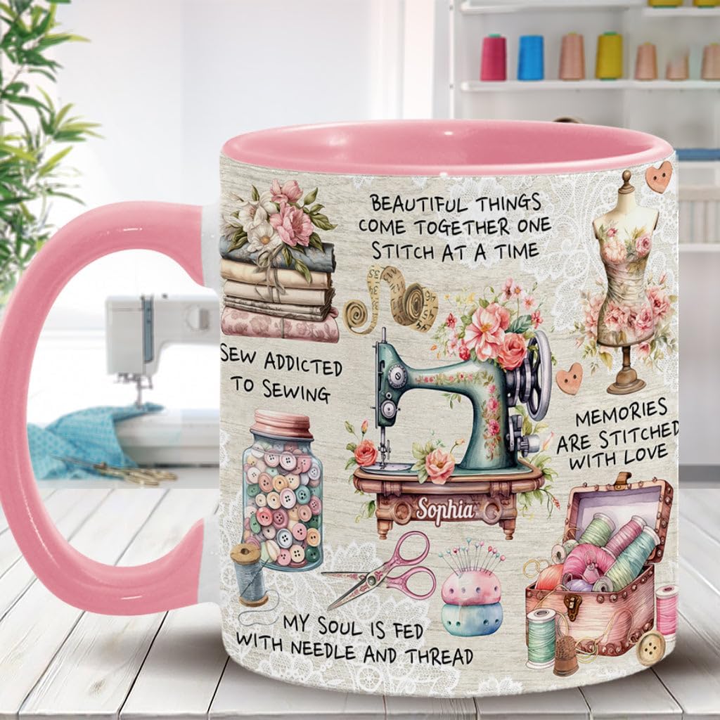 Sew Addicted To Sewing – Personalized Sewing Accent Mug, Ceramic Coffee Cup for Women Girls Grandma Mom Sewing Gifts for Birthday Christmas Mothers Day