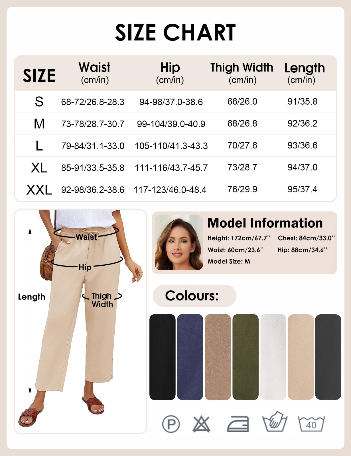 CMTOP Pantaloni Donna Estivi 7/8 Lino Leggeri Larghi Pantaloni Elastici in Vita Pantalone Colore Solido Gamba Dritta Pantaloni Casual da Spiaggia con Tasche