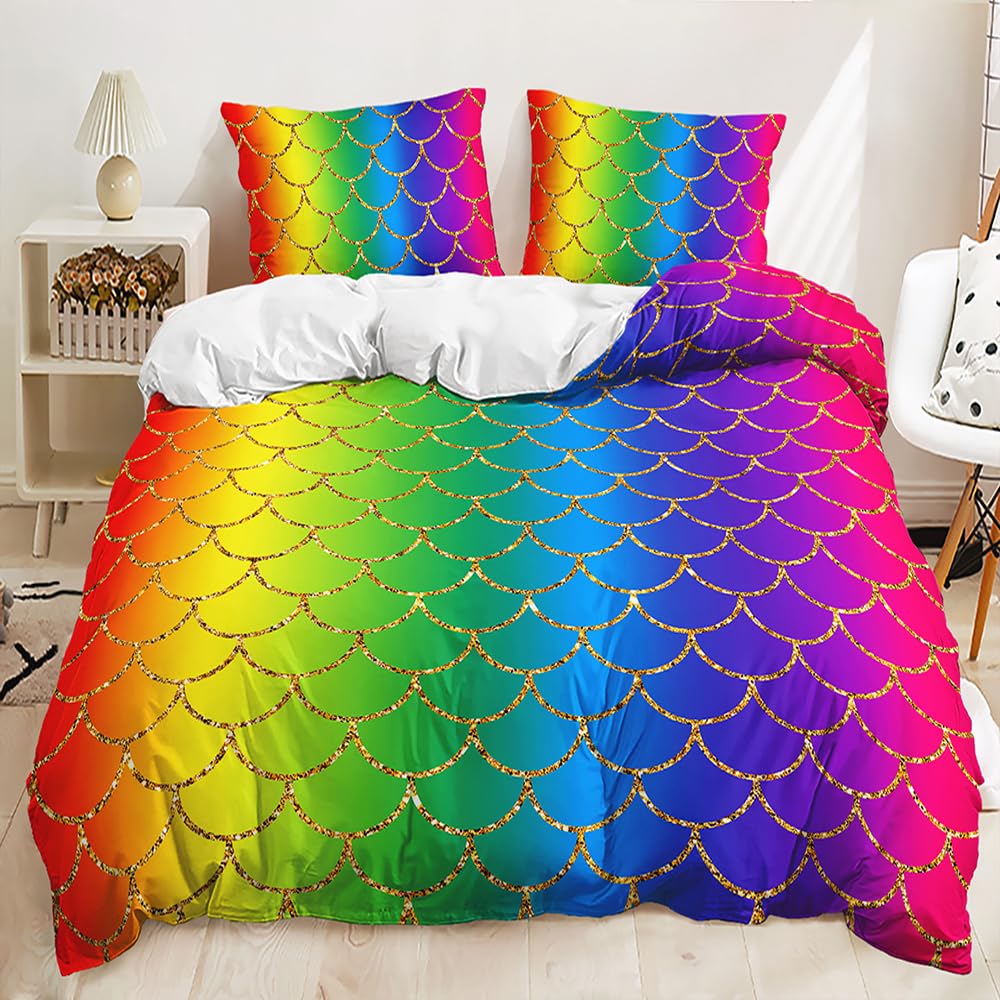 Lunoroey Fish Scale Bedding Duvet Cover Set For Girls Bedroom Decor Rainbow Mermaid Scales Bedding Set Rainbow Comforter Cover For Kids Girls Teens Womens Gifts Single Size