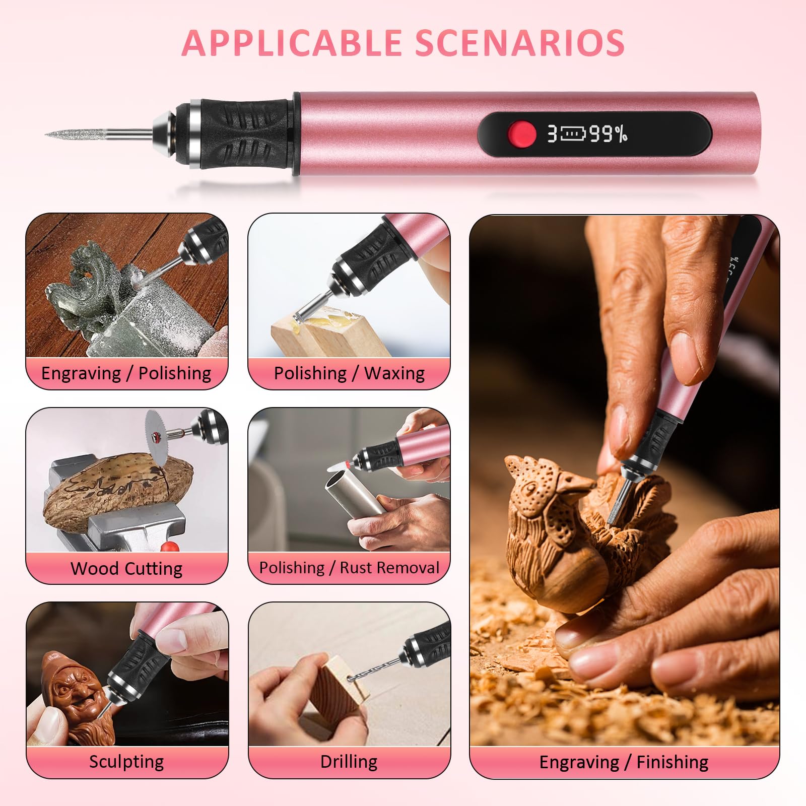 Customizer Kit de stylo de gravure sans fil rechargeable avec 3 vitesses, outil de gravure pour métal, bois, verre, cuir, stylo de gravure portable, rose