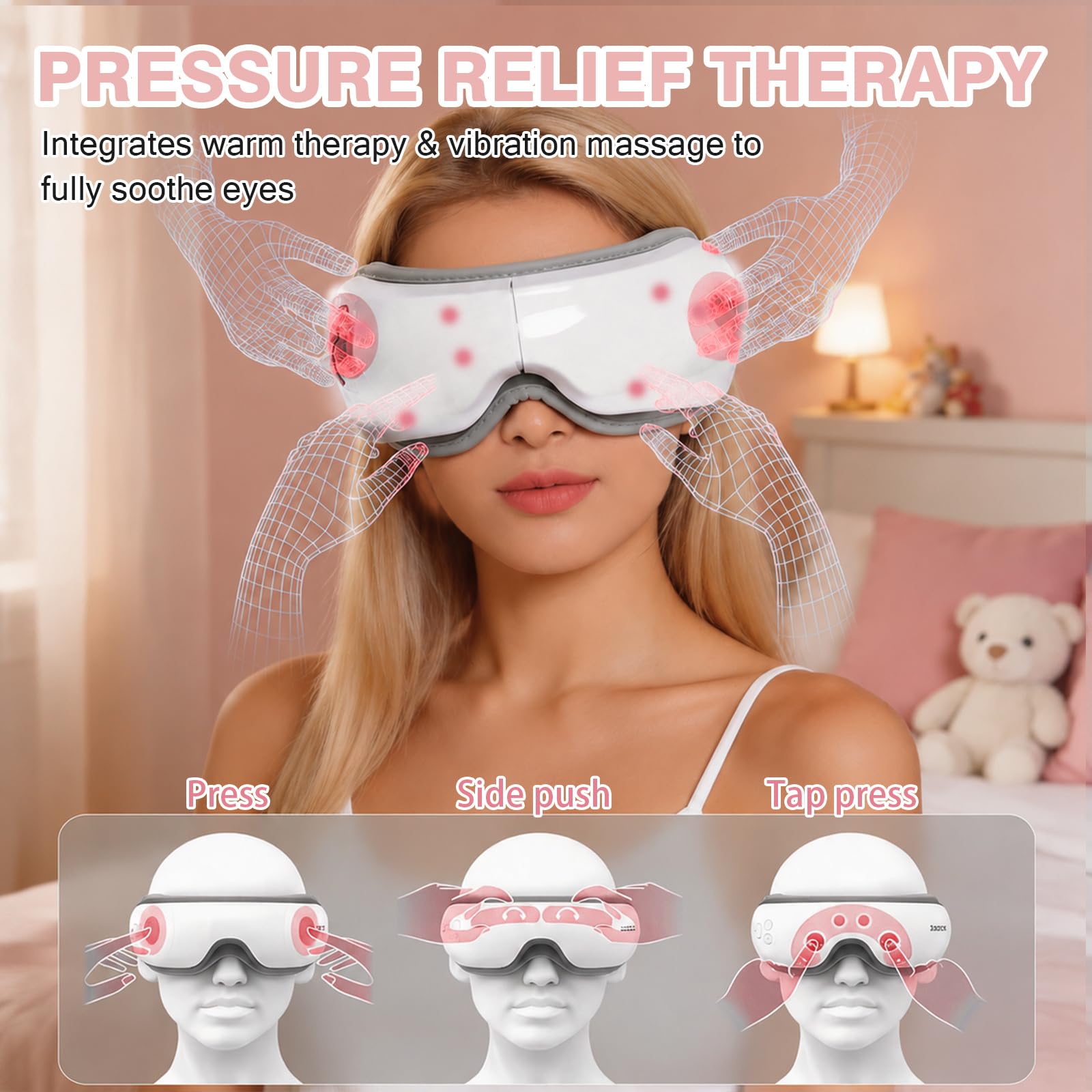 Masseur oculaire chauffant, compression air Bluetooth 5 modes | Vibration douce, pliable transportable, compresse chaude 38-42°C, masque yeux relaxant anti-fatigue