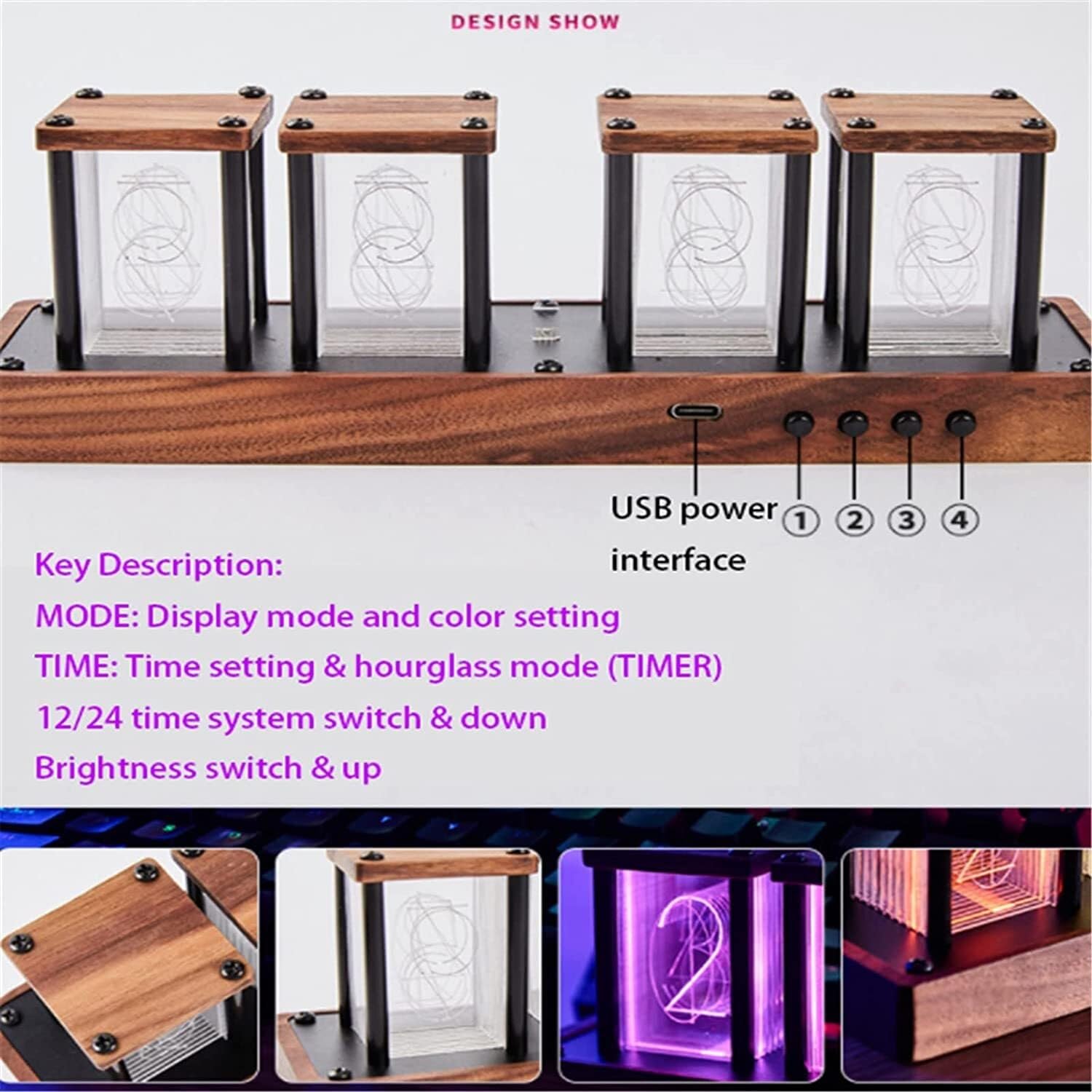 Cyfrowy zegar lampowy RGB LED, DIY zasilany przez USB, ozdoba na biurko, elegancki prezent dla ukochanej osoby, urodziny