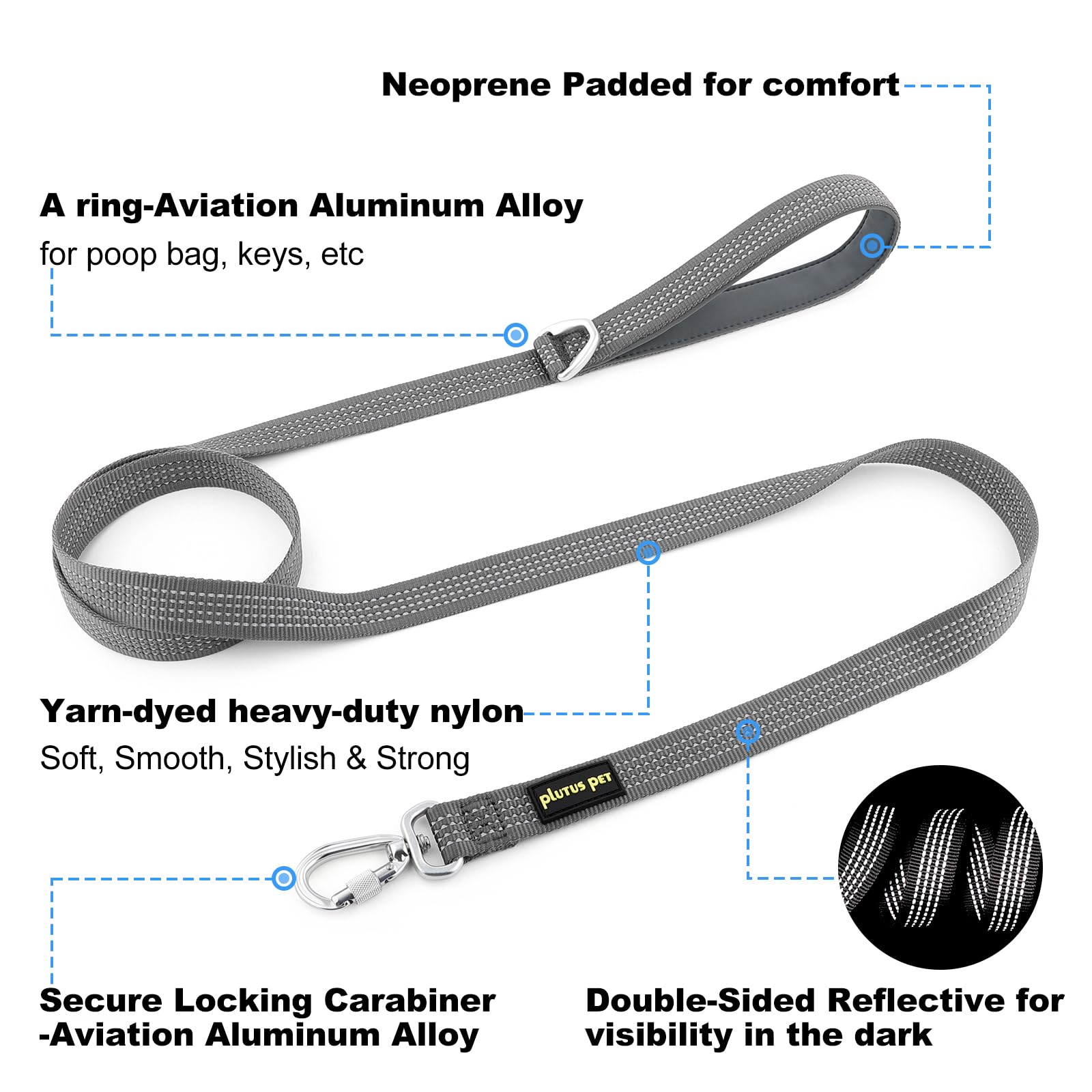 Plutus Pet Heavy Duty Dog Lead with Lockable Aluminum Carabiner, 4/6 Feet Long, Double-Sided Reflective Nylon, Padded Handle - Image 2