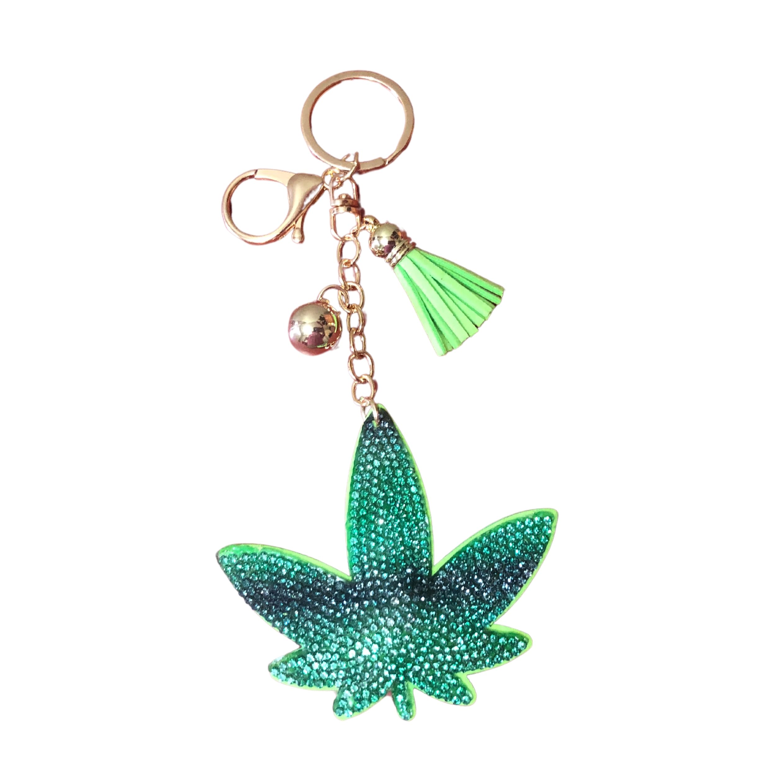 Popfizzy Women's Green Weed Leaf (Gold) Bling Keychain Accessories For Rhinestone Keychain, Car Keys Keychain Charms, Cute Purse Charms For Handbags, Large