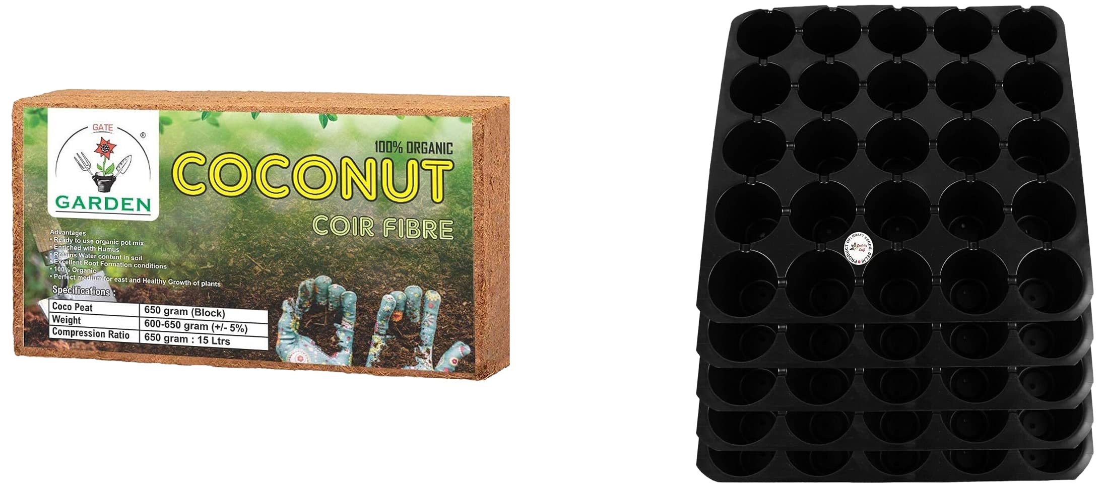 GATE GARDEN Cocopeat Brick (650gm) - Expands to 3.5 Kg Powder & Kraft Seeds Seedling Tray - Pack of 5 (Black)