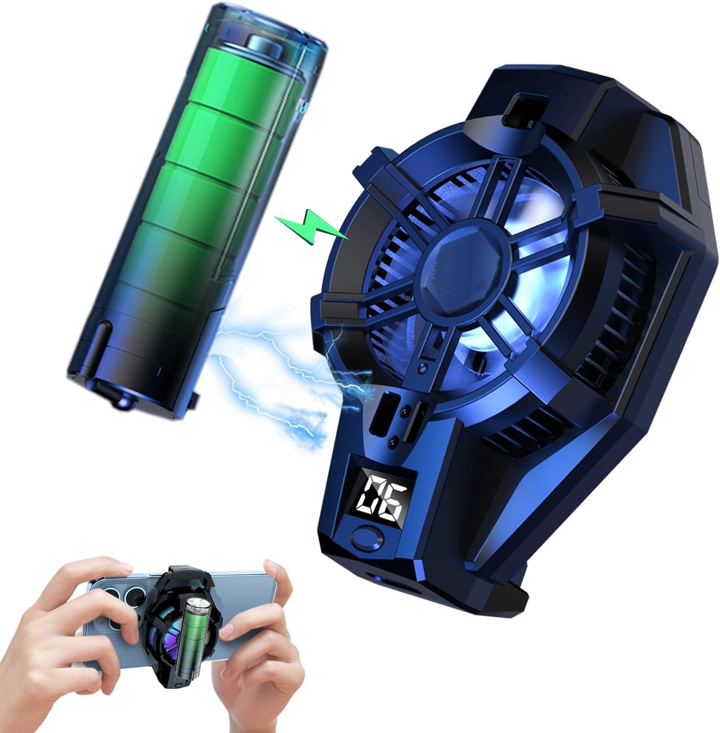 VERSENT Phone Cooler with Rechargeable Battery for Gaming Portable phone Cooling Heatsink Fan Mobile Phone Radiator with LED Temperature Display/Universal Clamp/RGB LEDS mobile cooling fan