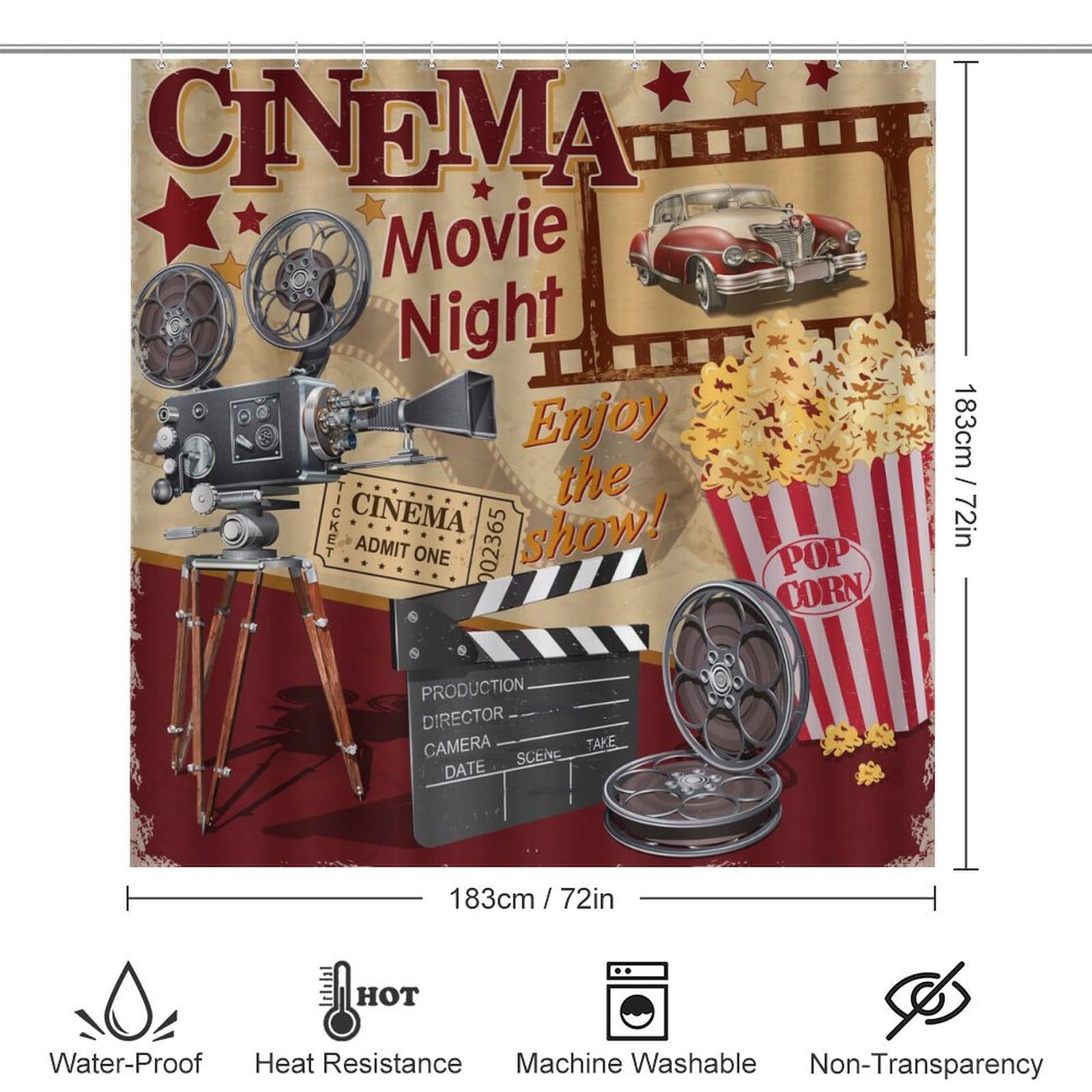 Rustic Movie Theater Shower Curtain Sets 4 Piece,Retro Movie Theme Popcorn of Cinema Film Print Bathroom Decor Sets with Rugs Include Waterproof Non-Slip Toilet Lid Cover Bath Mat