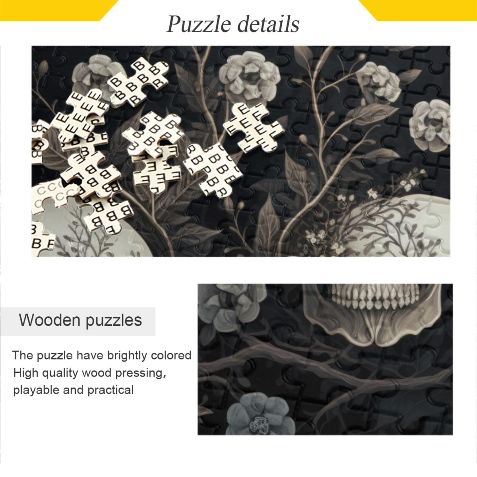 ZENWAWA 1000-Piece Wooden Jigsaw Puzzle - Black White Skulls & Floral Print, With Storage Bag & Letters On Back