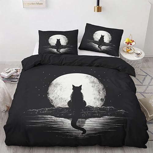Juego de funda de edredón Witchy tamaño Queen  Juego de ropa de cama de gato negro luna  3 piezas  Funda de edredón con patrón de microfibra suave