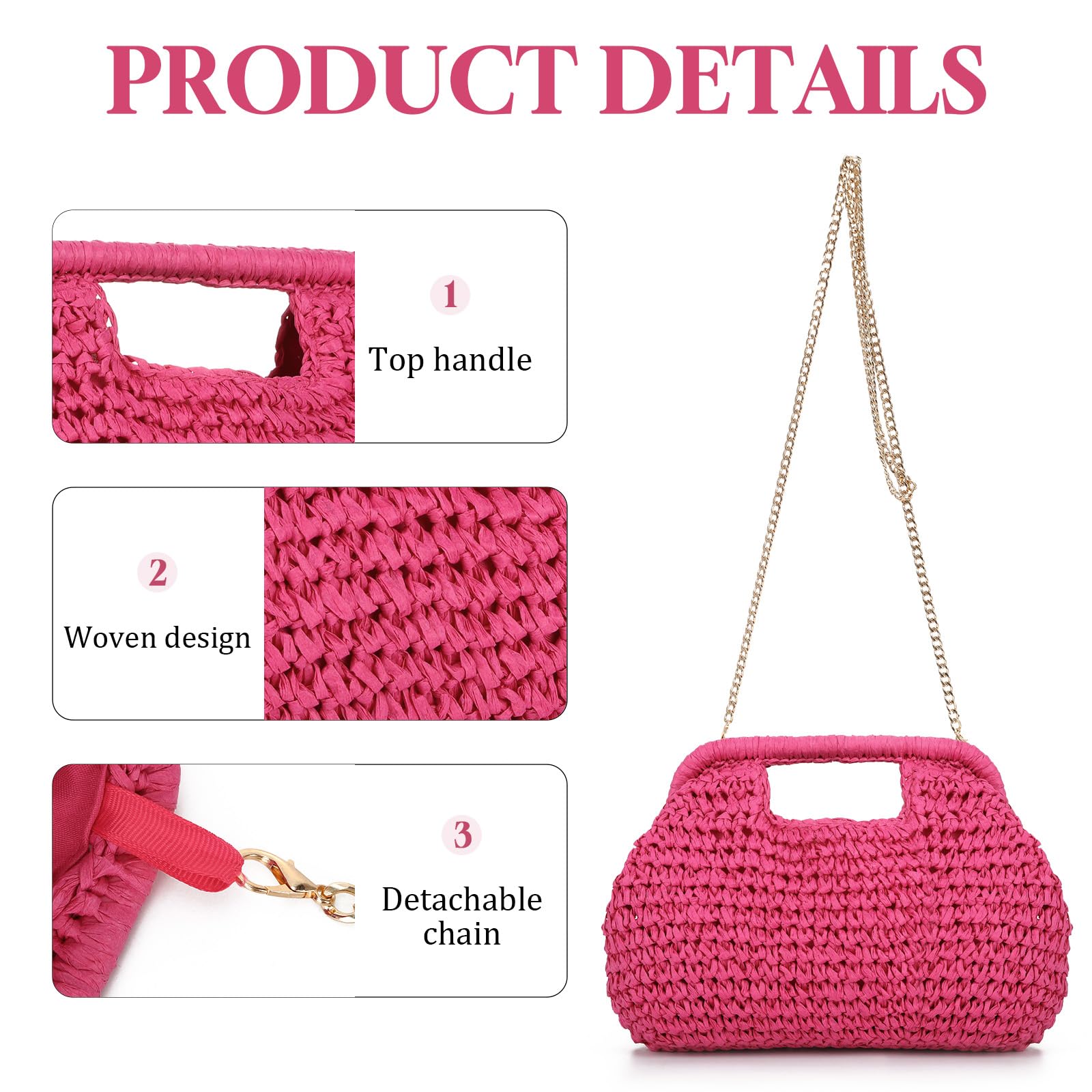 EVEOUT Pochette en Paille Tressé Femme Clutch de Fête Soirée en Faux Raphia avec Chaîne été Boho Chic Sac à main Tissé pour Plage,Vacances