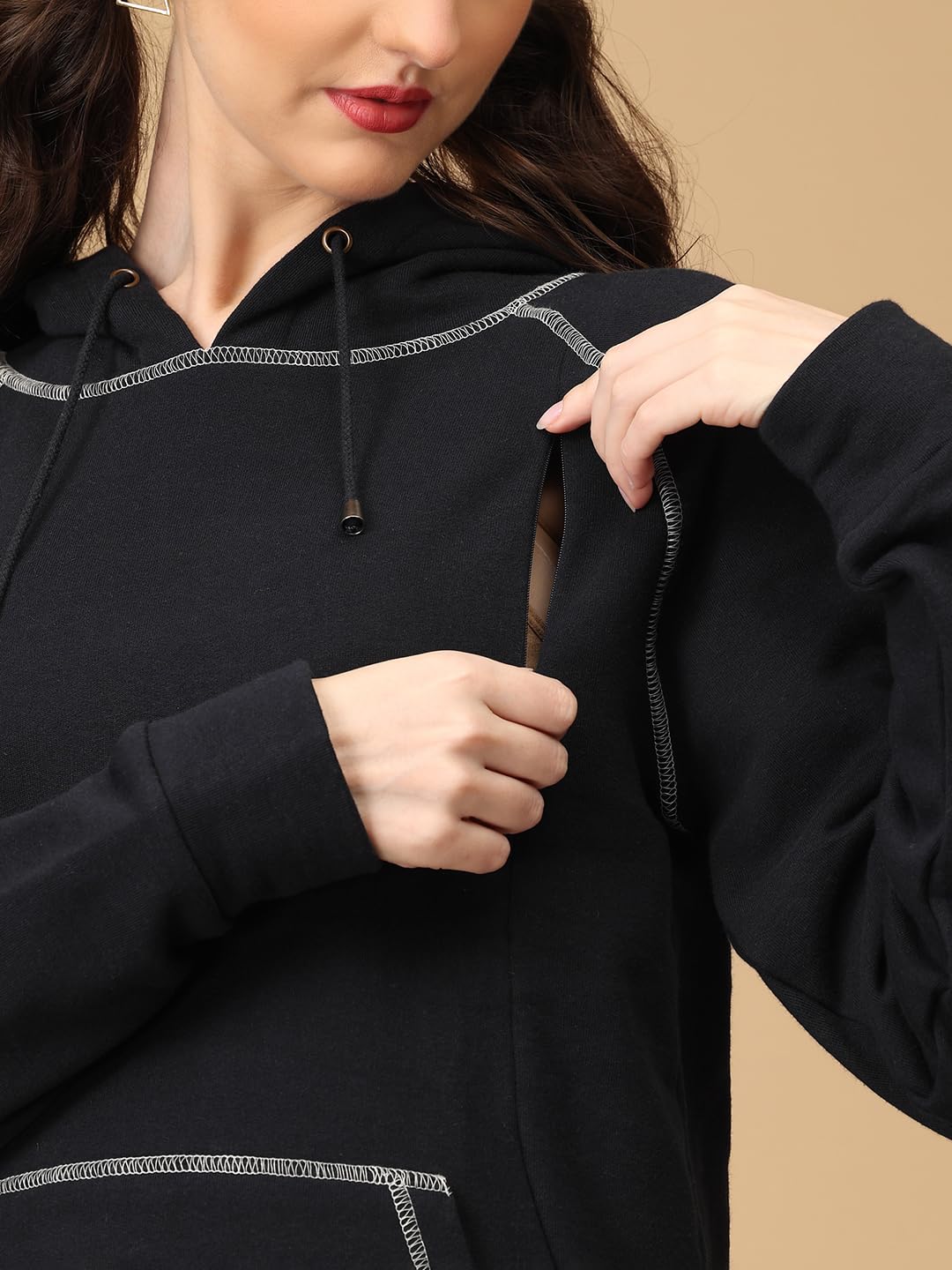 The Mom Store Maternity and Nursing Winter Hooded Sweatshirt | Breastfeeding Pre and Post Pregnancy Sweatshirt | Navy & Nice | L 1
