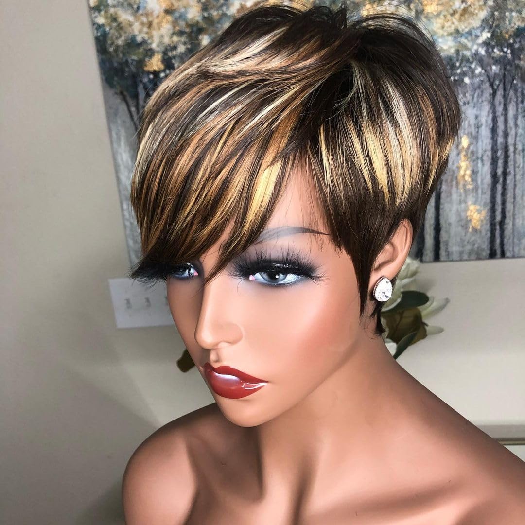 PangDongLai Pixie Cut Wigs for Black Women Human Hair 1B/30/613 Trend Color Short Layered Pixie Wigs With Bangs Brazilian Straight Real Human Hair Glueless Full Machine Made (1b/613/30)
