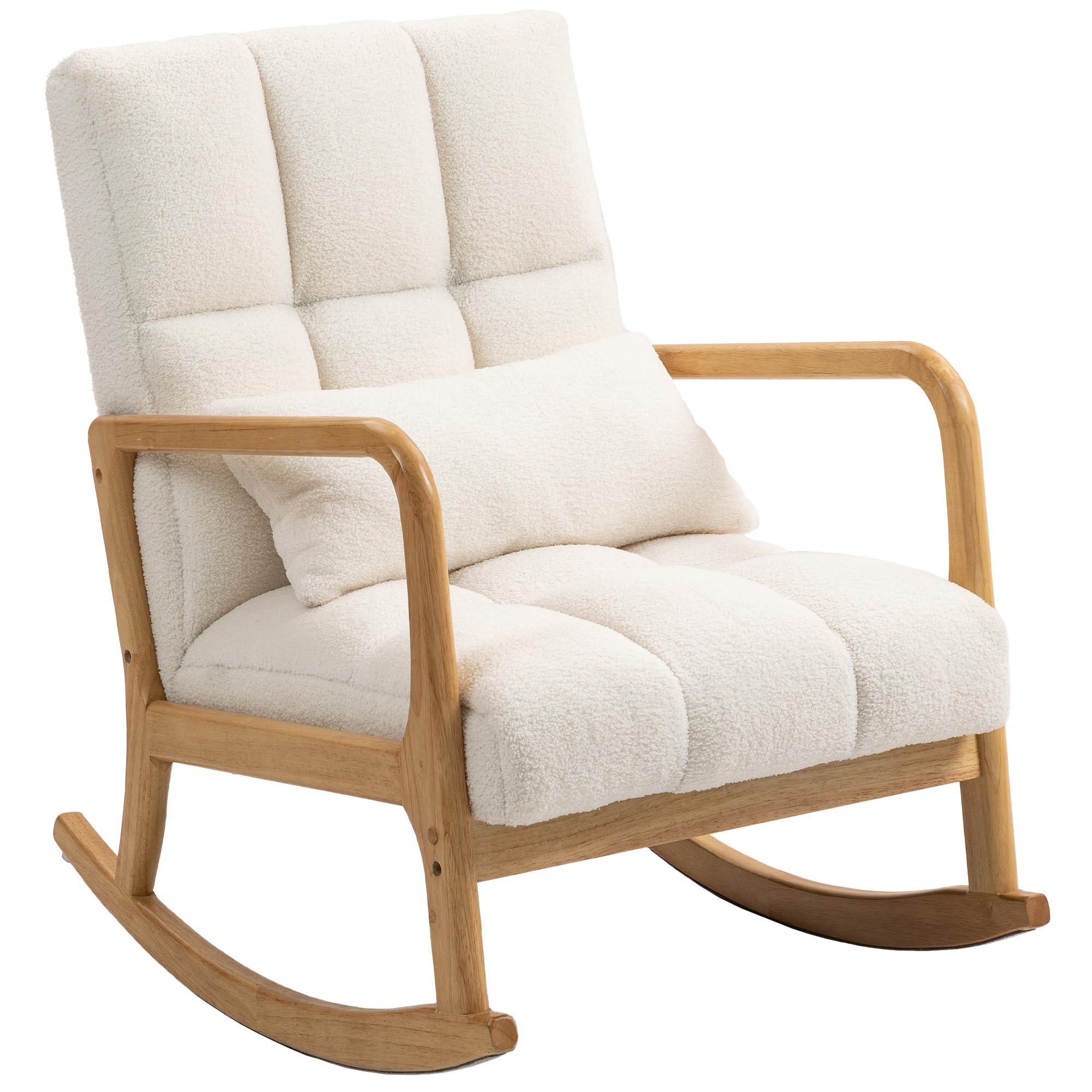 HOMCOM Poltrona a Dondolo 90°-130° con Cuscino Lombare, Poltrona per Salotto in Tessuto Sherpa e Legno, 64.5x82x89 cm, Bianco e color Legno