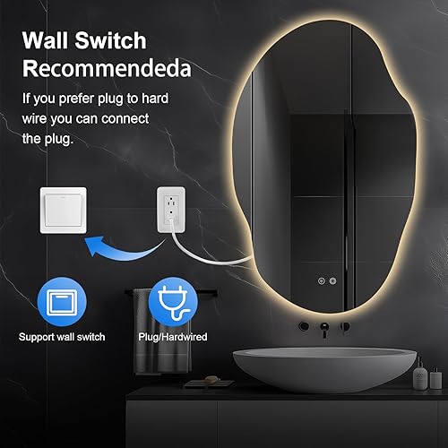 Miniatura 5 de Espejo de baño LED asimétrico con luces, espejo de tocador de baño LED irregular para pared con retroiluminación, antiniebla, 3 colores y luz