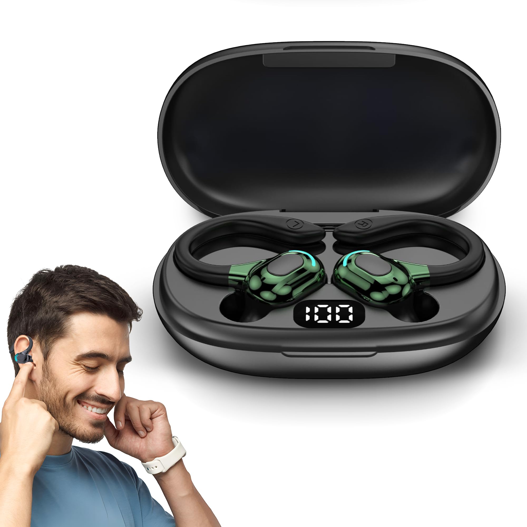Bezprzewodowy zestaw słuchawkowy Bluetooth 5.2, uniwersalny, z nausznikiem 360°, wbudowany mikrofon, 60 godzin odtwarzania, bateria 70 mAh, ładowarka typu C 300 mAh, stereo, niezależna opcja słuchania