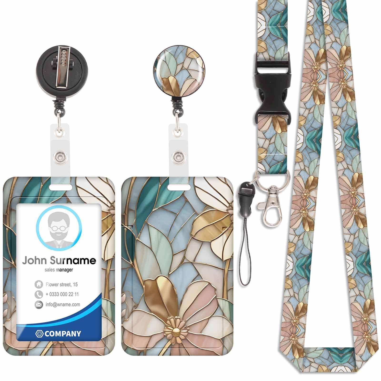 Badge Holder with Lanyard, ID Badge Holders with Detachable Cute Lanyard, Retractable Badge Reel Carabiner Clip, Personalized Card Cover Case Protector for Nurse Teacher Student (Glass-Flower-1)