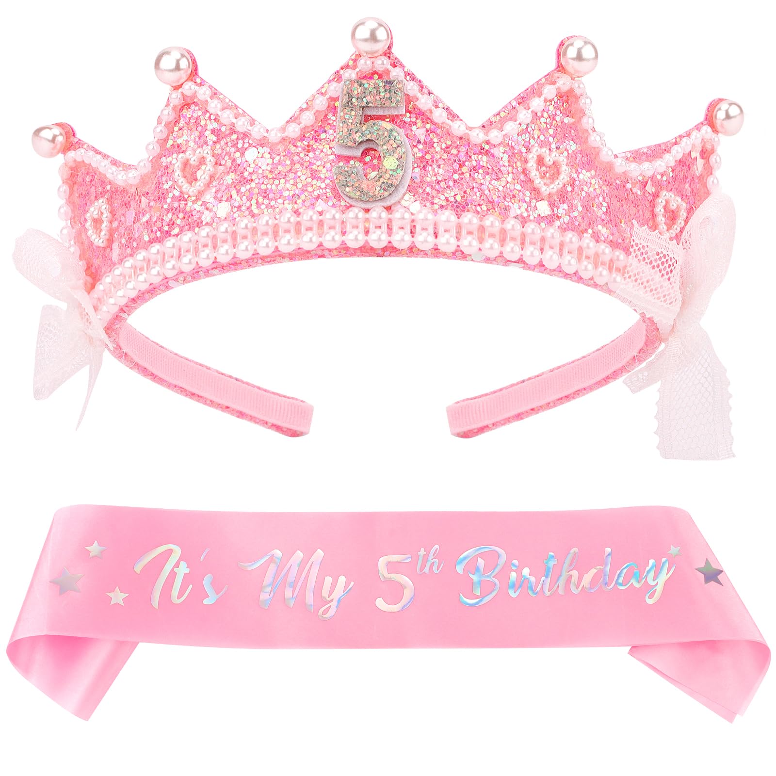 Chanaco 5 Year Old Girl Birthday Gift Idea 5th Birthday Crown and Sash Decorations Pink Bow Outfit for Party Favor Princess Tiara Headband Set