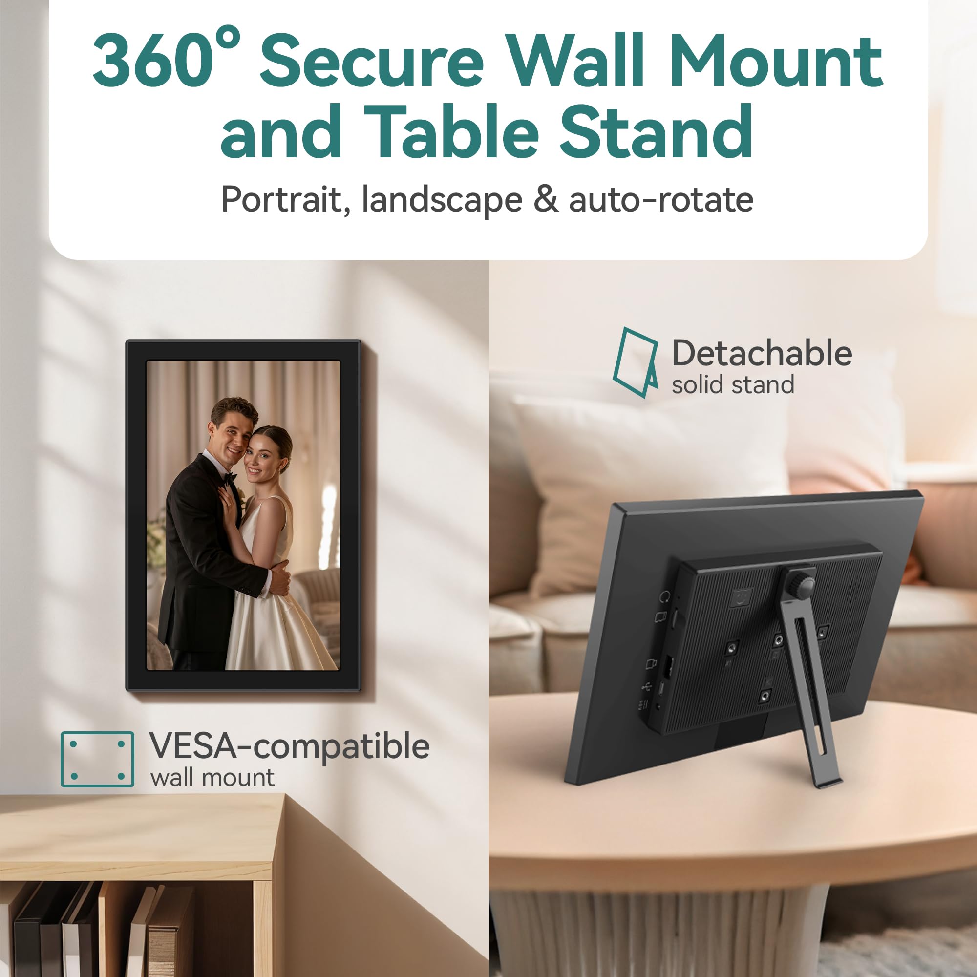 XORO Cornice digitale WiFi da 10,1 pollici, 1280 x 800 HD, display IPS Touch da 16 GB, rotazione automatica, condividi foto istantaneamente da qualsiasi luogo