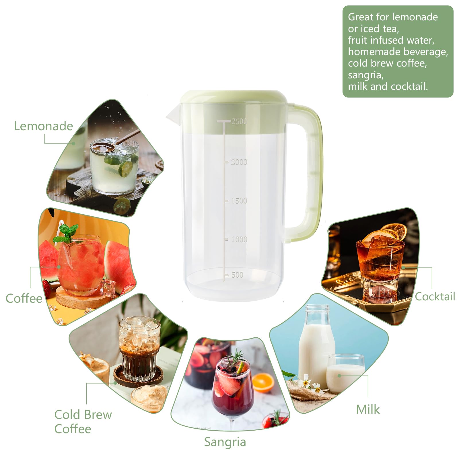 Jarra de plástico transparente de 2,5 litros con tapa, paquete de 2 jarras de agua transparente para bebidas frías, jarra de té helado para limonada, té helado, leche, jugo, bebidas