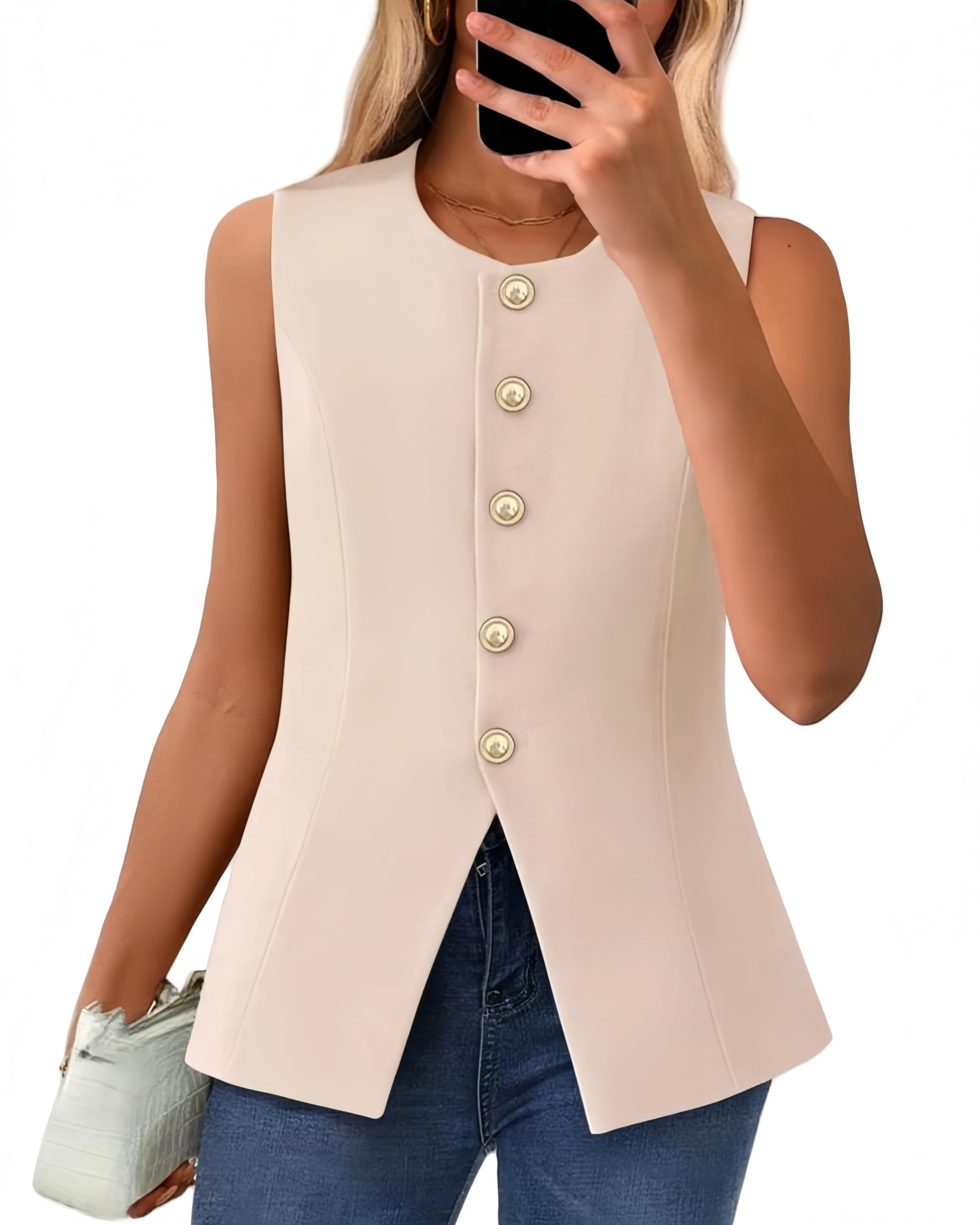 Chaleco De Traje para Mujer,Chaleco Vintage Sin Mangas con Cuello Redondo Y Botonadura Sencilla para Mujer Chaqueta Informal con Botones para Verano Elegante Traje De Oficina para Negoc