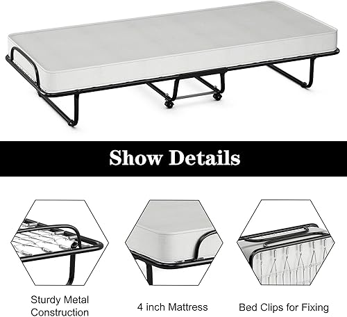 Miniatura 9 de DORTALA Cama plegable de metal plegable, cuna de colchón de espuma viscoelástica con marco de metal súper resistente y resistente, cama de invitados